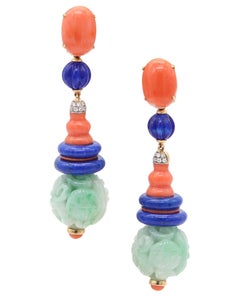 ORIENTALIST Dangle Drop Earrings In 18Kt Gold With Diamonds Jade Lapis & Coral