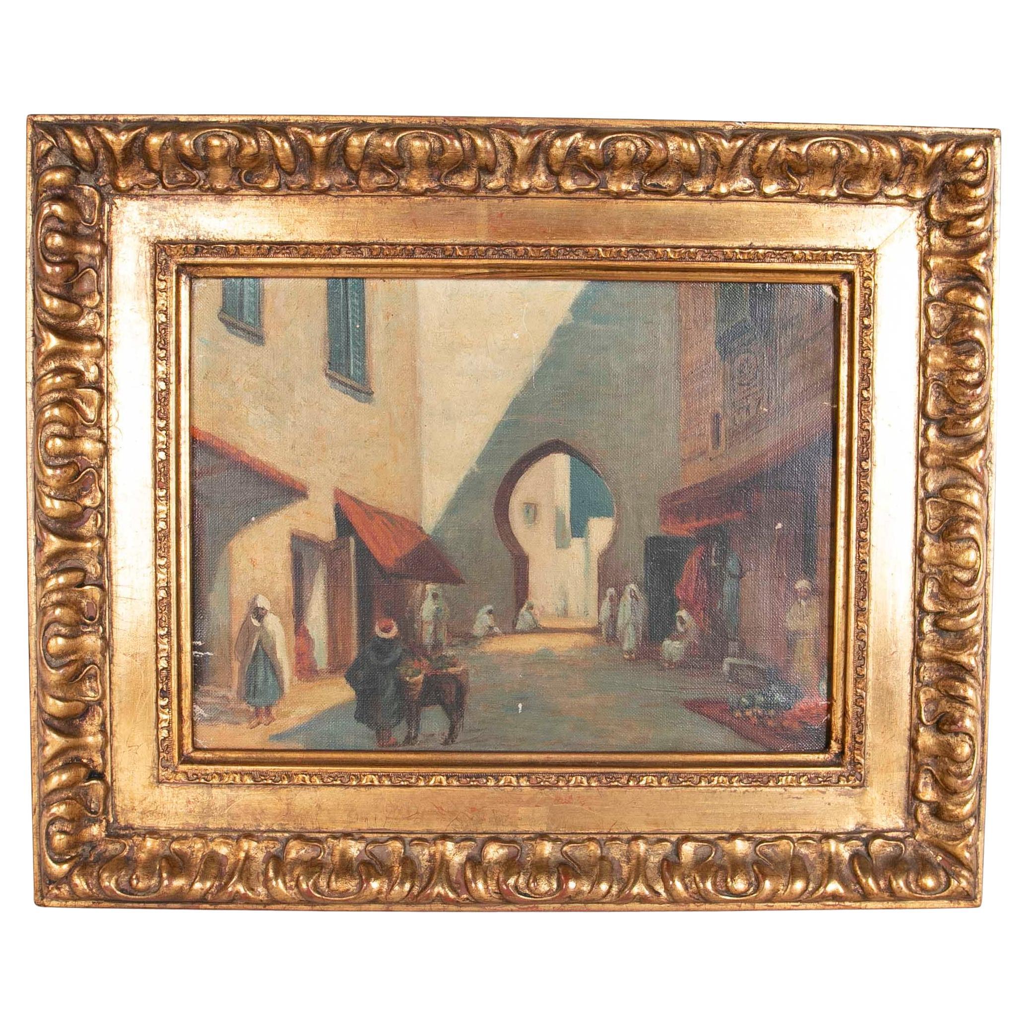 Orientalisches gerahmtes Gemälde einer arabischen Stadt, datiert 1884 im Angebot