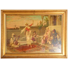 Scena orientalista in rotocalco di donne turche che danzano nell'harem, Luigi Crosio