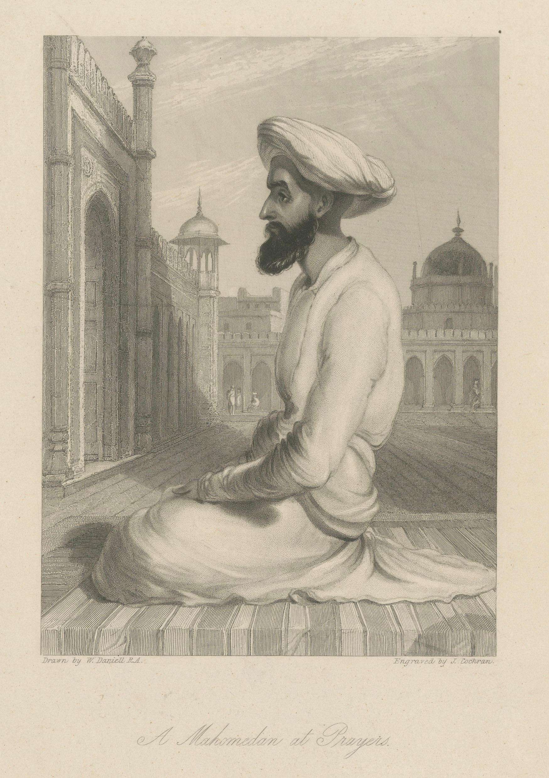 Orientalist India Engraving – Muslim at Prayer, Daniell & Cochran c.1836