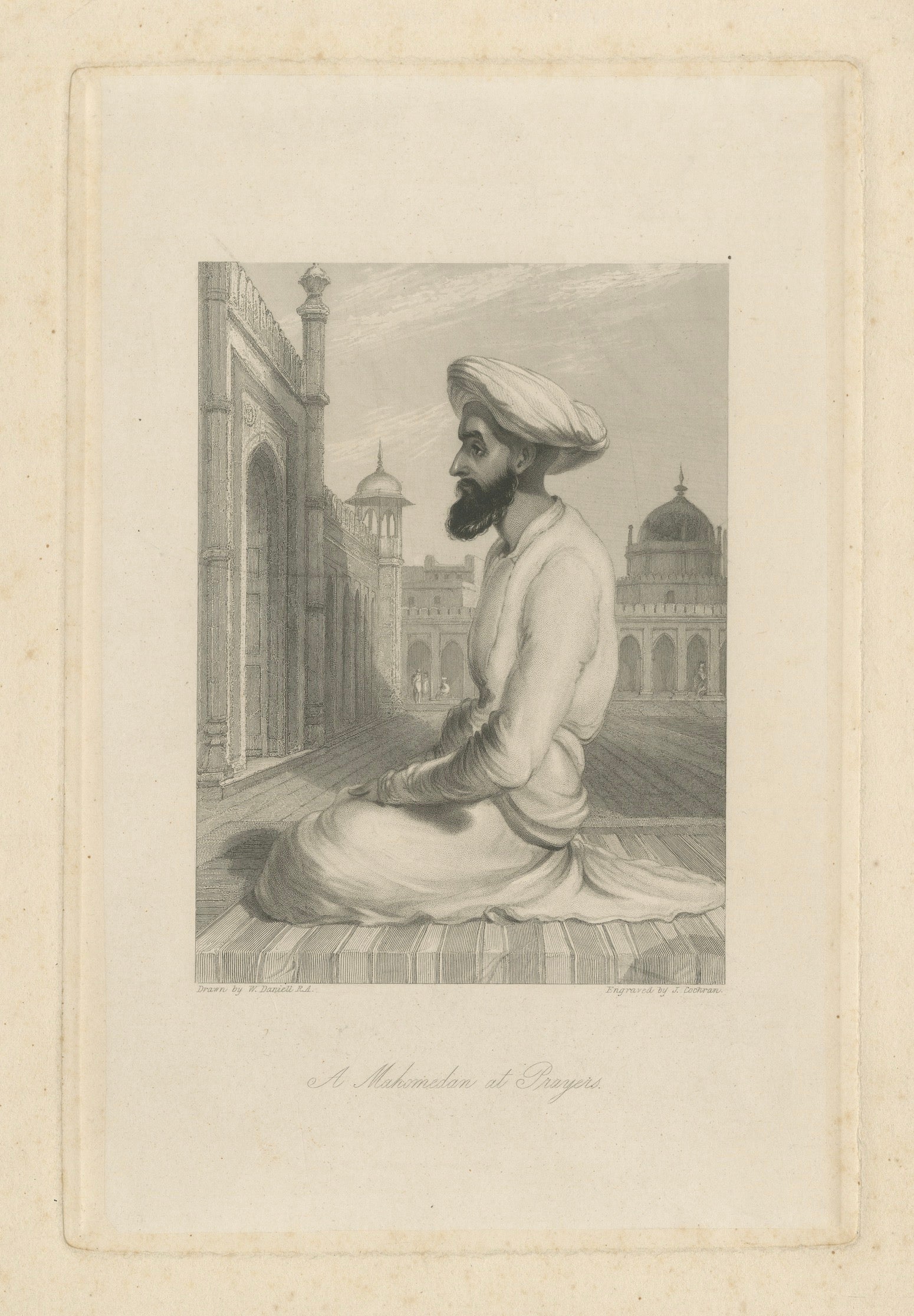 Orientalist India Engraving – Muslim at Prayer, Daniell & Cochran c.1836