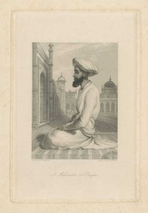 Orientalist India Engraving – Muslim at Prayer, Daniell & Cochran c.1836