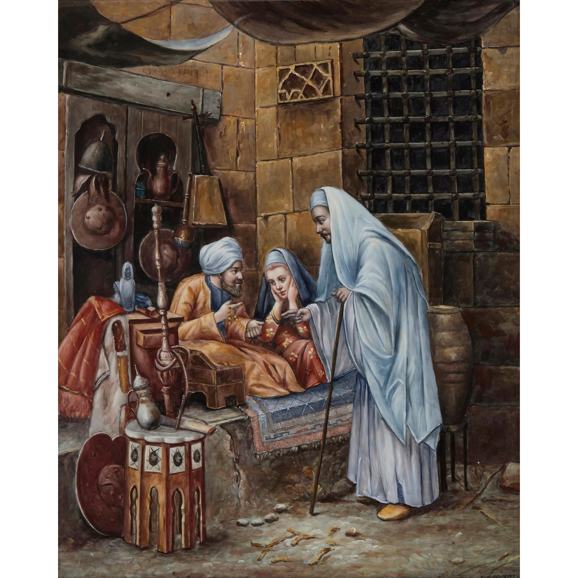 Orientalist KPM Porcelain plaque of interior scene
German, 20th century
Frame: Height 71cm, width 64cm, depth 4cm
Plaque: Height 50cm, width 39cm, depth 0.5cm

Painted in the Orientalist style, this German KPM porcelain plaque depicts an