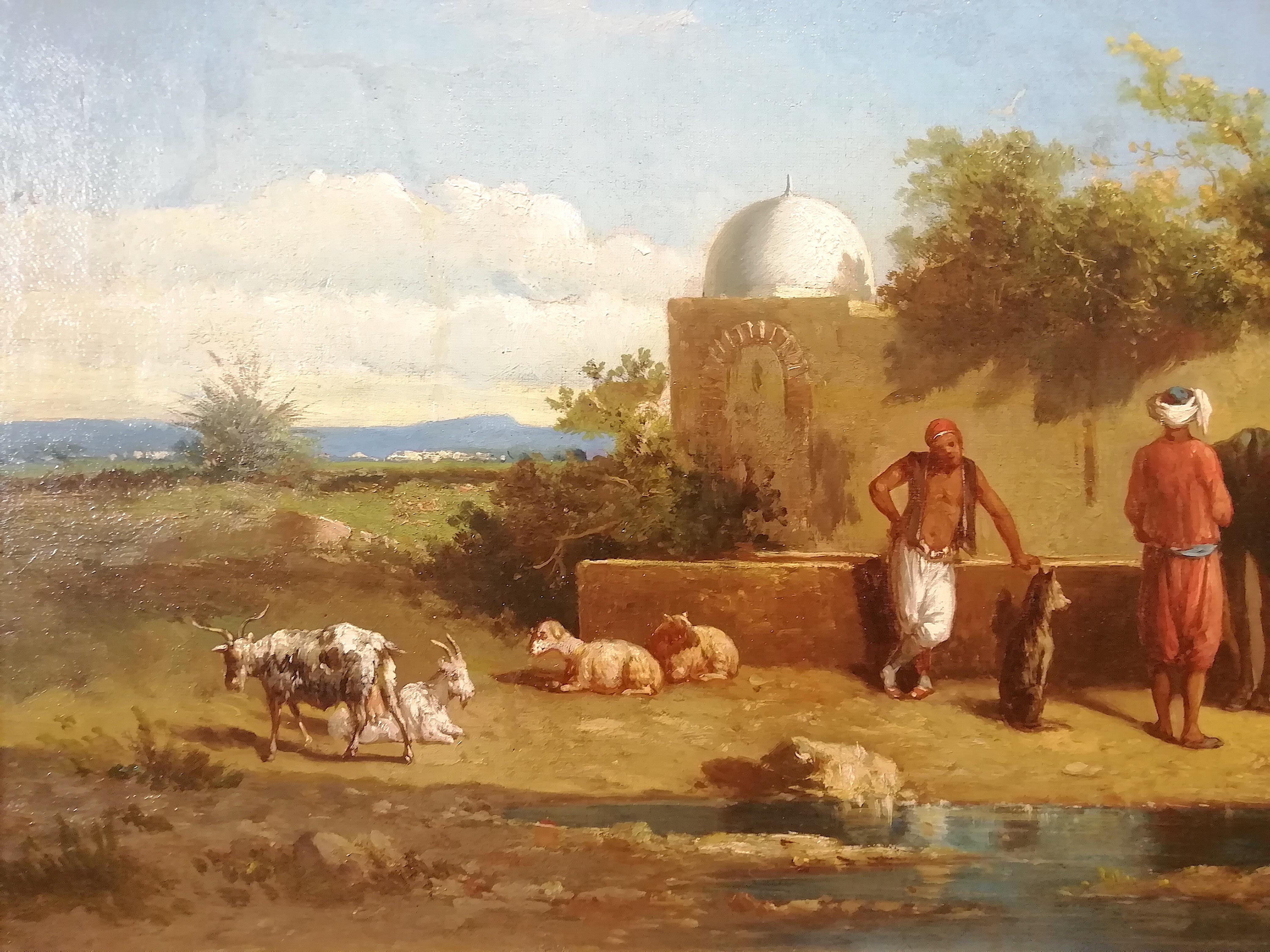 Belgian Orientalist Landscape Oasis, Theodore Gerard Oil 19 Century Orientalism Painting For Sale
