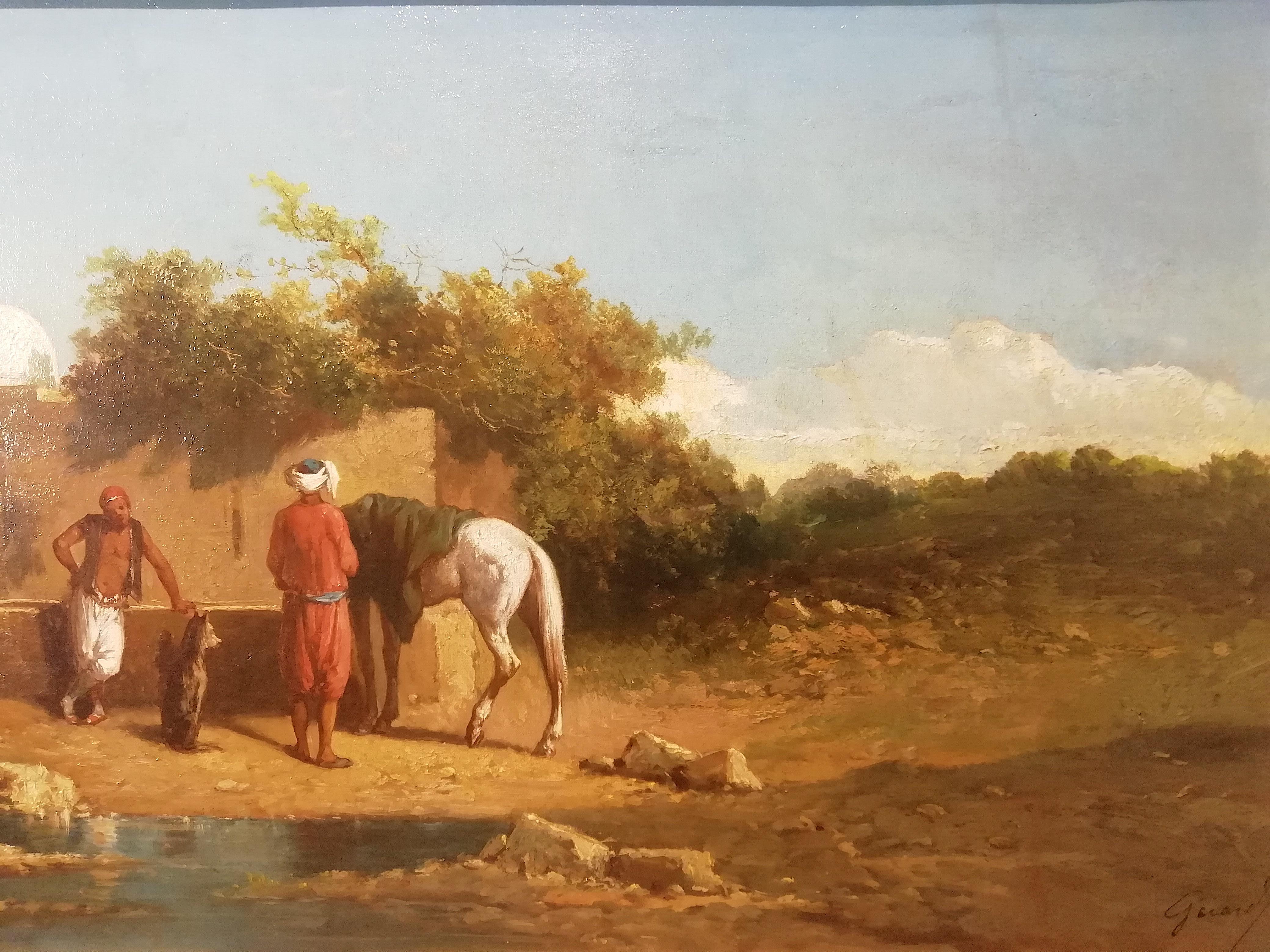 Orientalist Landscape Oasis, Theodore Gerard Oil 19 Century Orientalism Painting In Good Condition For Sale In Rome, Italy