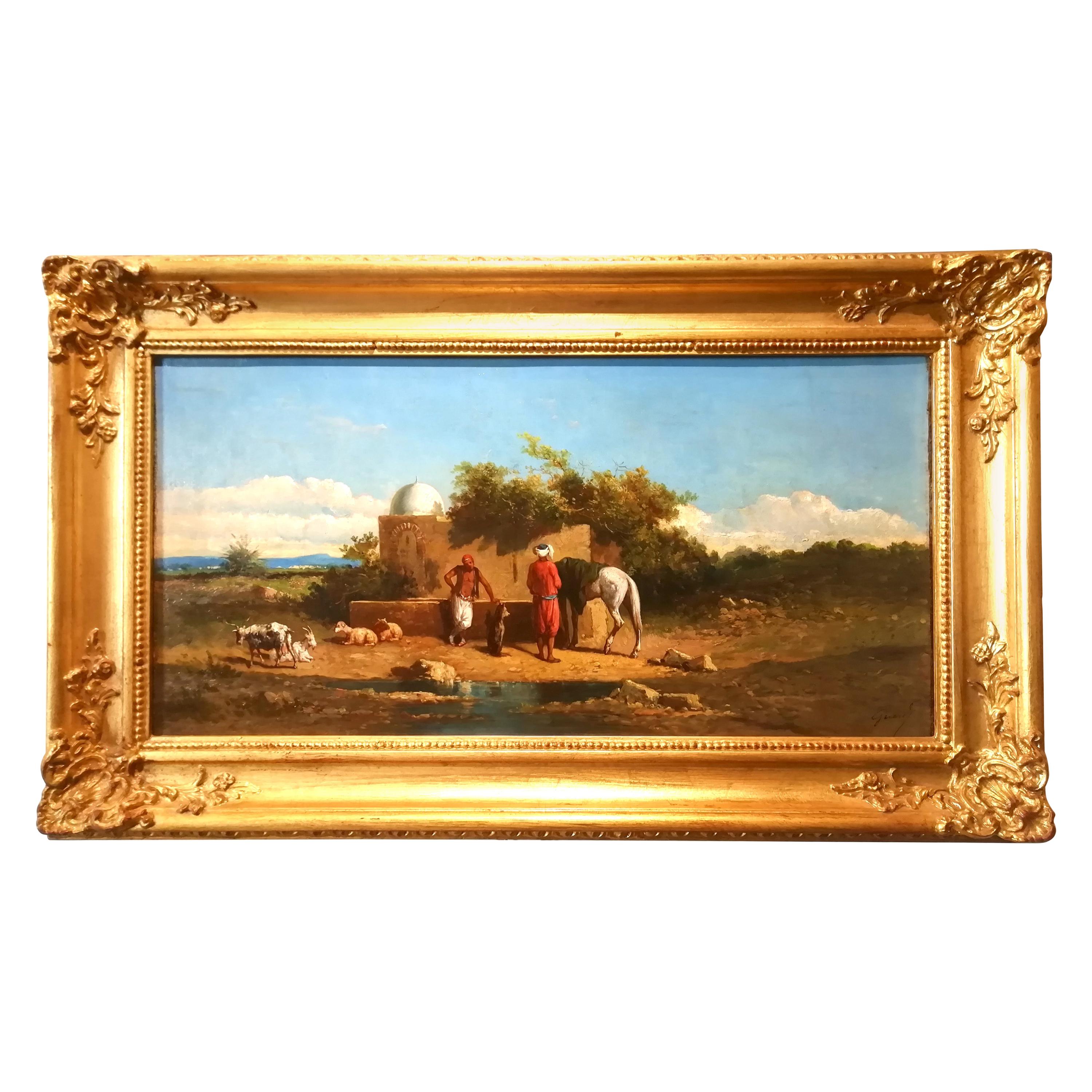 Orientalist Landscape Oasis, Theodore Gerard Oil 19 Century Orientalism Painting For Sale