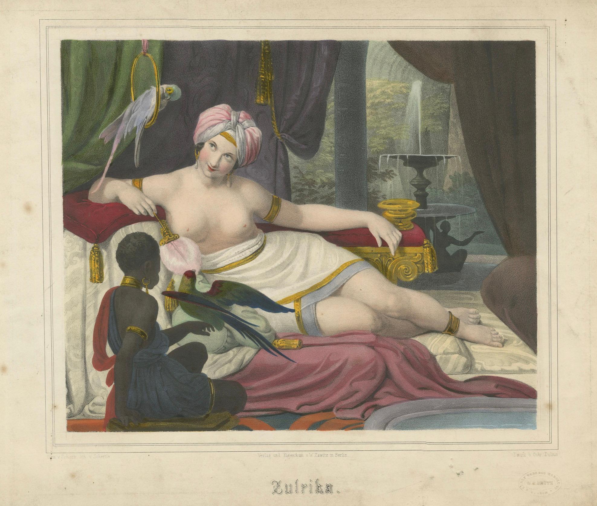 Orientalist Lithograph of Reclining Woman with Parrots – “Ulrika”, c.1840, Berlin

This striking hand-colored lithograph titled “Ulrika” presents a vivid and sensual orientalist scene, typical of 19th-century European fascination with exotic