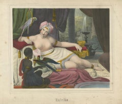 Orientalist Lithograph of Reclining Woman with Parrots – Ulrika, c.1840, Berlin