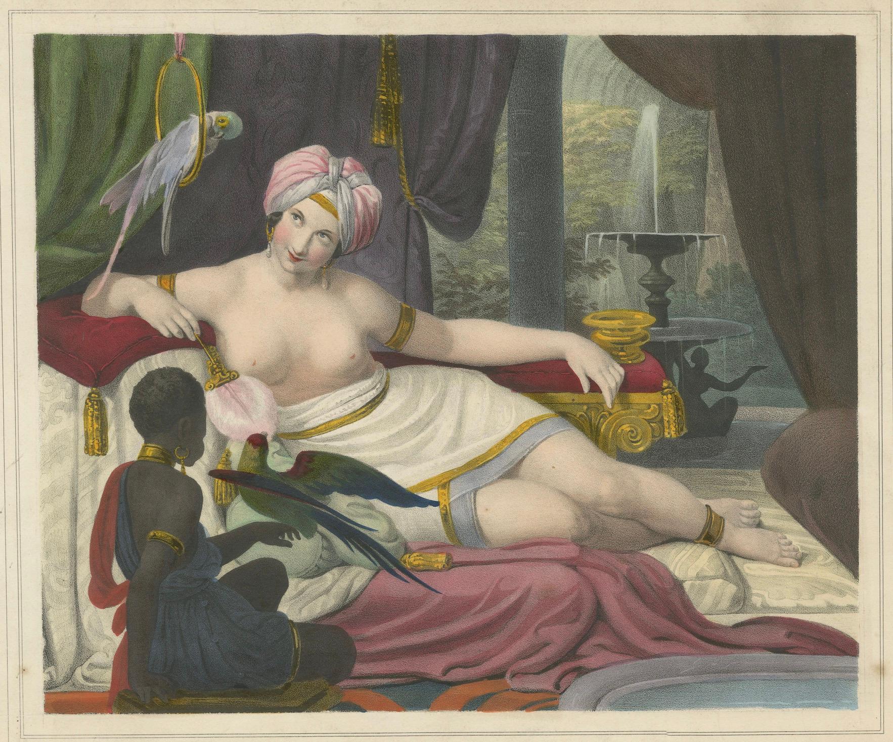 German Orientalist Lithograph of Reclining Woman with Parrots – Ulrika, c.1840, Berlin For Sale
