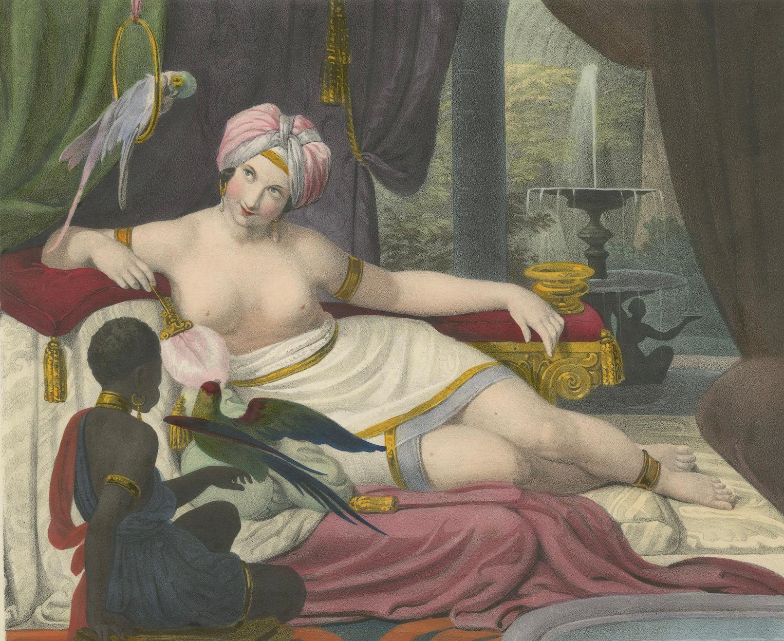 Orientalist Lithograph of Reclining Woman with Parrots – Ulrika, c.1840, Berlin In Fair Condition For Sale In Langweer, NL