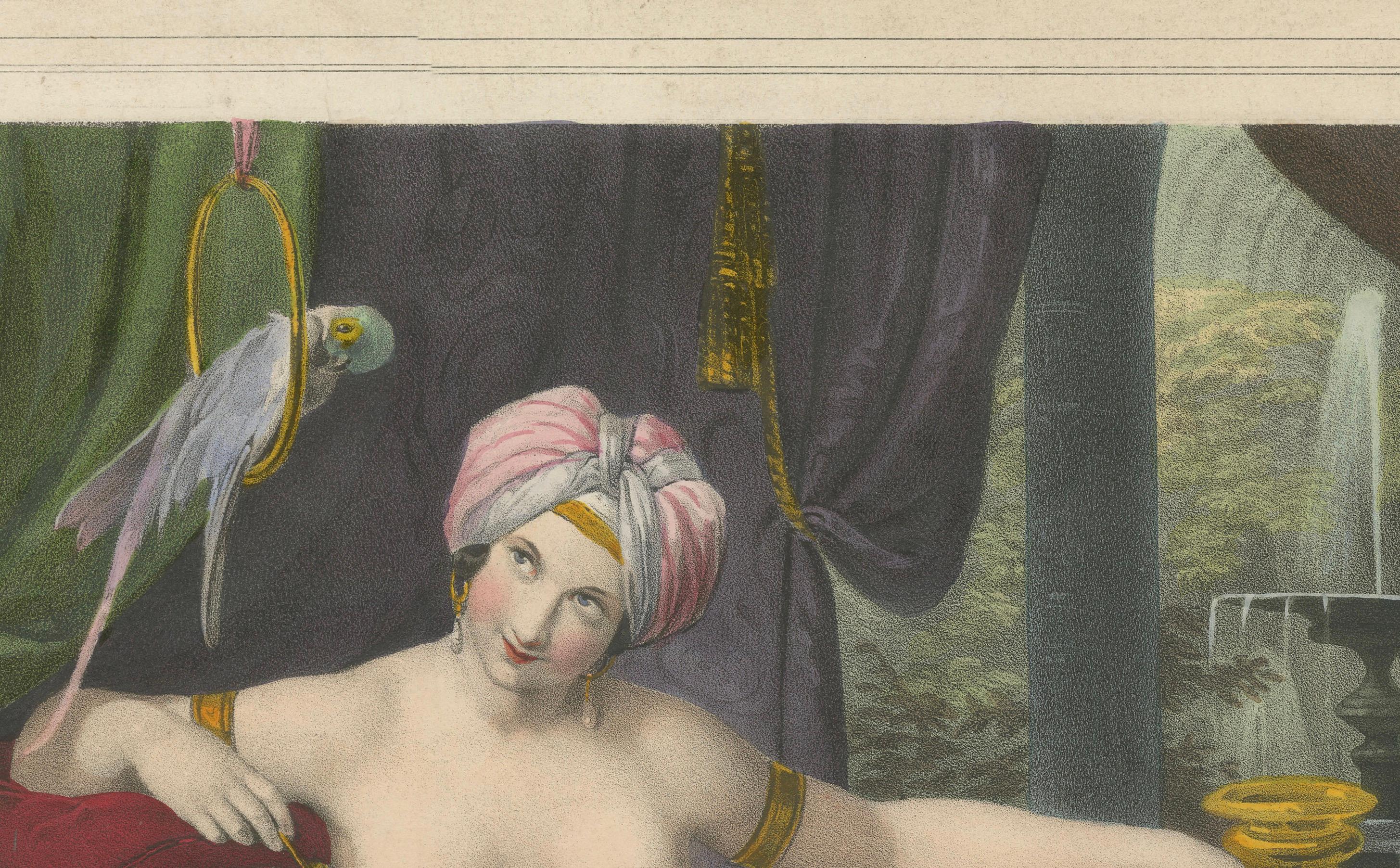 19th Century Orientalist Lithograph of Reclining Woman with Parrots – Ulrika, c.1840, Berlin For Sale