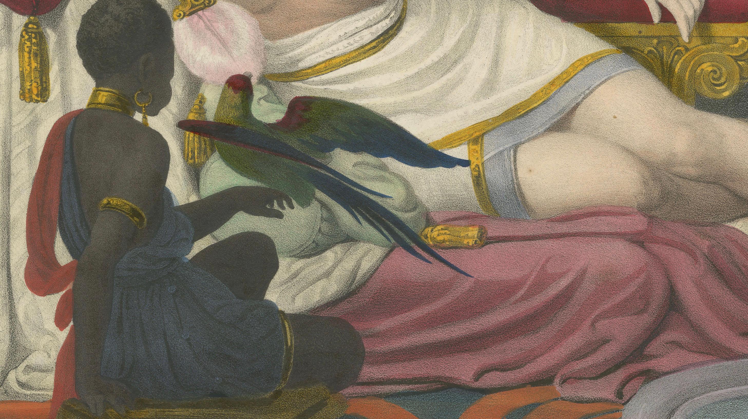 Paper Orientalist Lithograph of Reclining Woman with Parrots – Ulrika, c.1840, Berlin For Sale