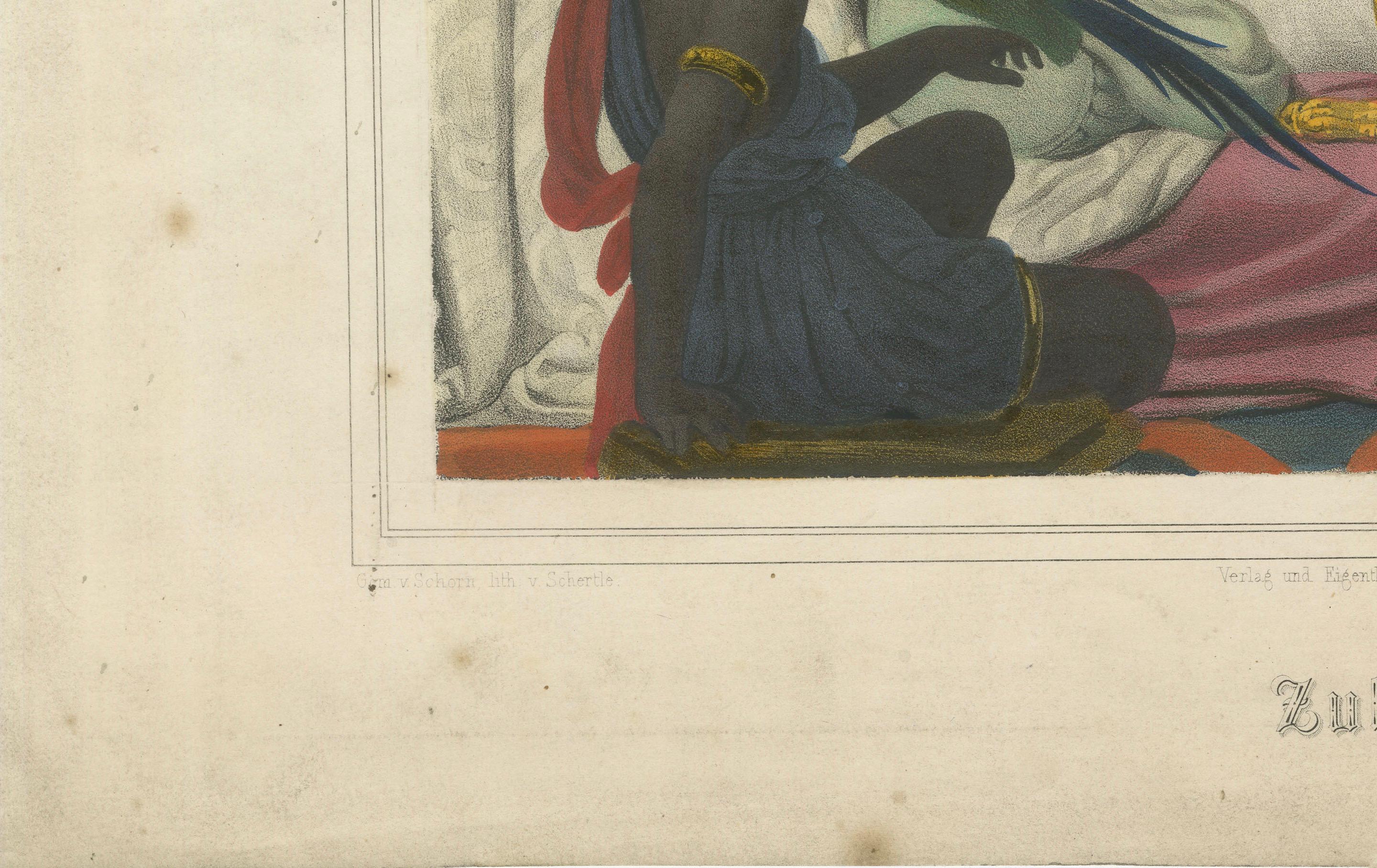 Orientalist Lithograph of Reclining Woman with Parrots – Ulrika, c.1840, Berlin For Sale 3