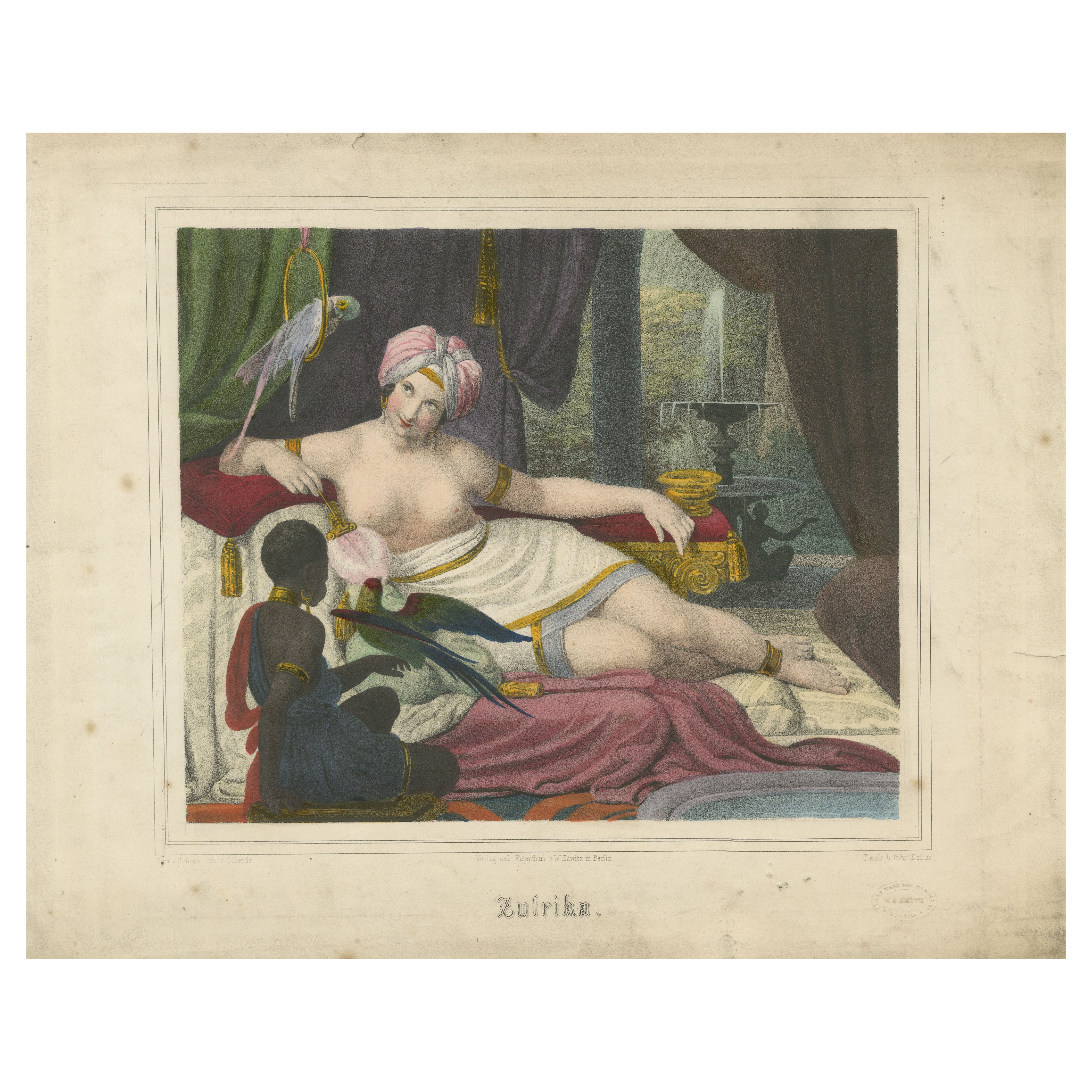 Lithographie orientaliste d'une femme couchée avec des perroquets - Ulrika, c.1840, Berlin en vente