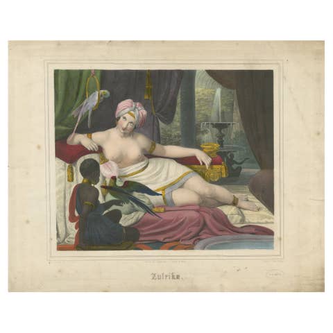 Orientalist Lithograph of Reclining Woman with Parrots – Ulrika, c.1840, Berlin