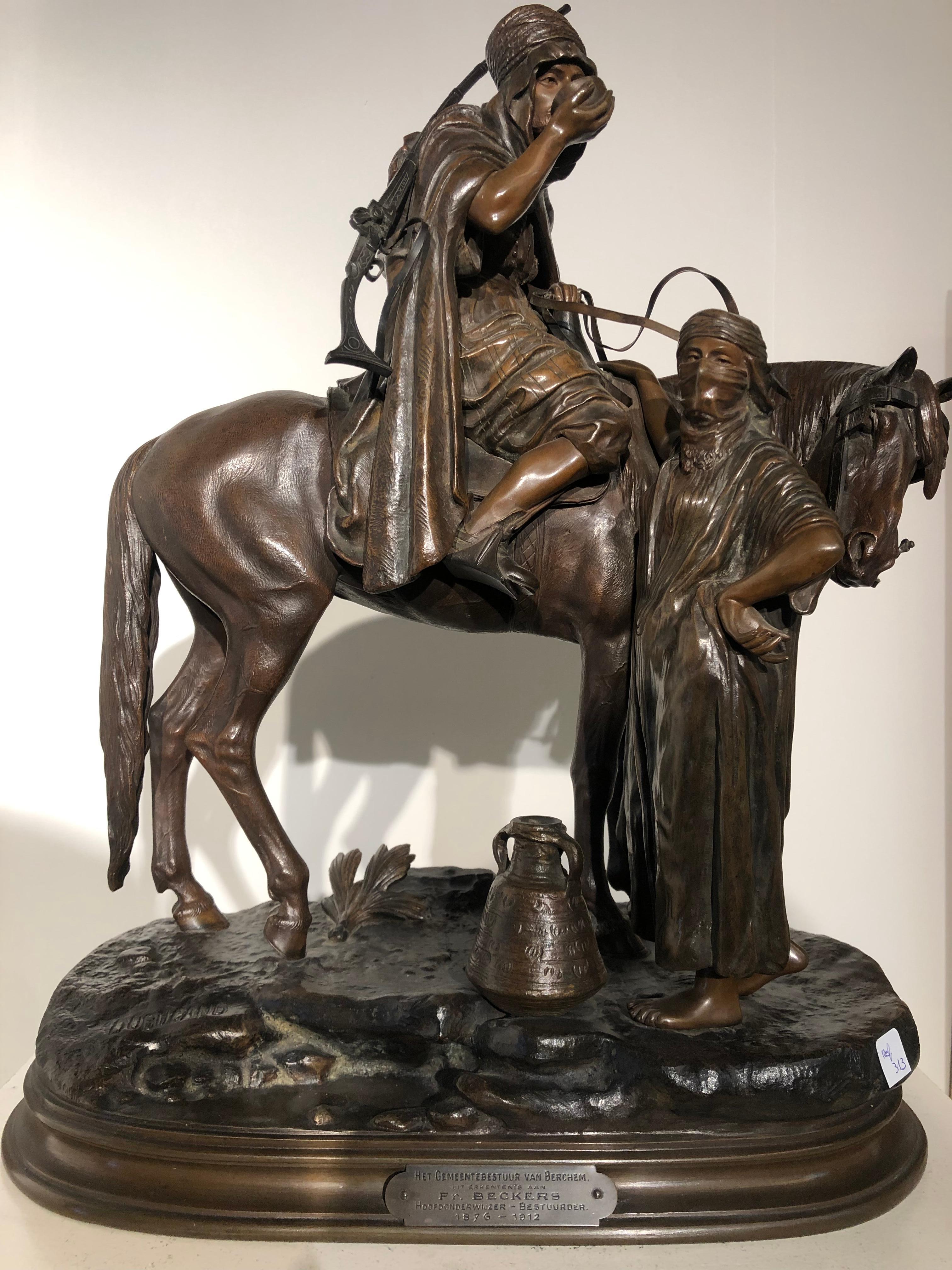 Very beautiful and very attractive subject of a woman giving water to a Arab horseman .
Very high quality of foundry with some numbers and letters at the back of the sculpture.
The bronze is signed on the terrasse by Alfred Dubucand.
Famous for