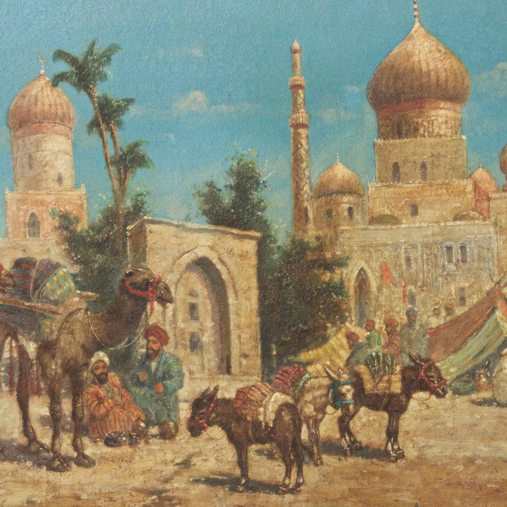 Orientalist oil on canvas painting depicting an Arabian village with some mosques in the background signed C. Meron
framed in a period giltwood frame.