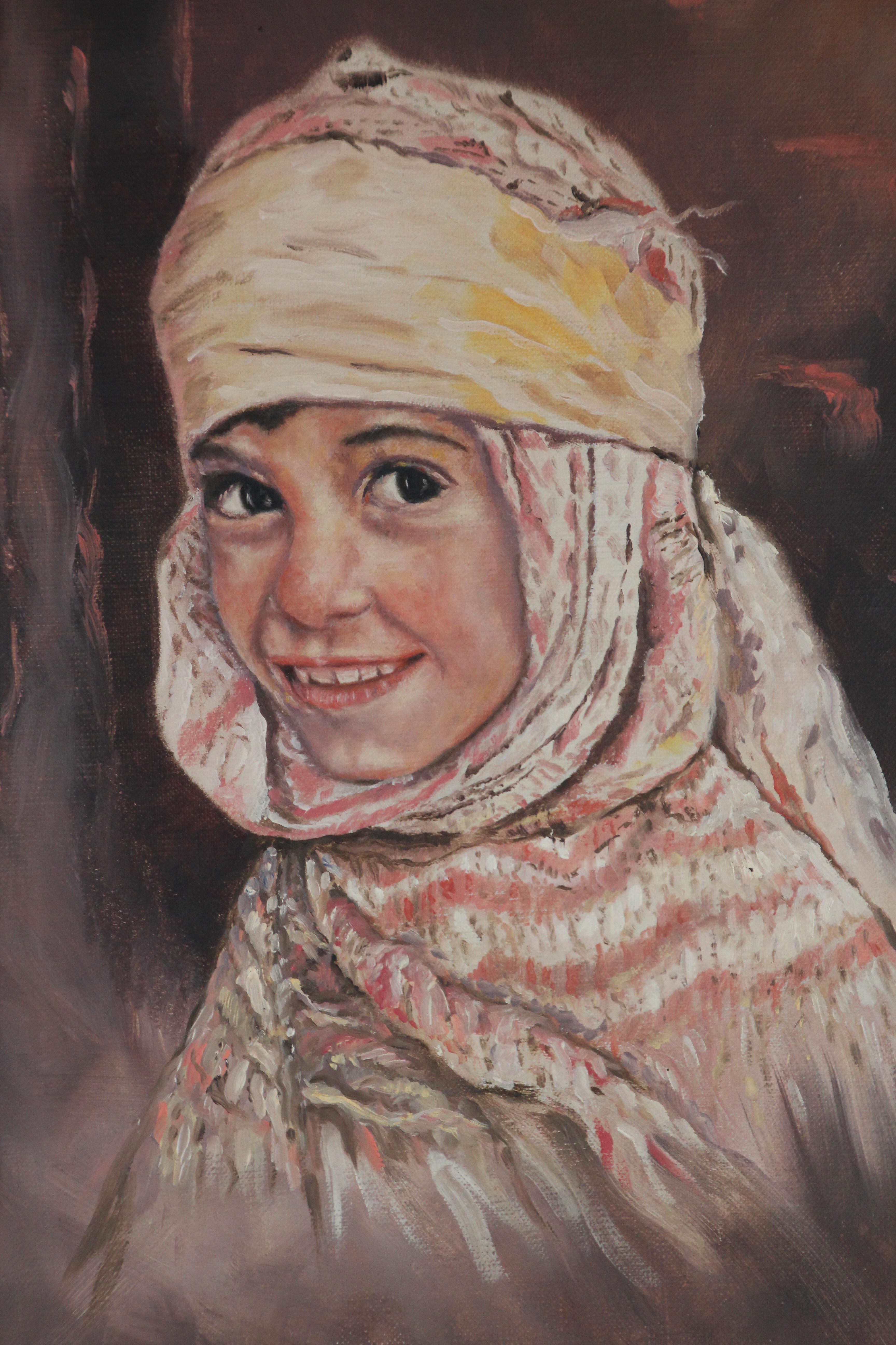 Huile sur toile orientaliste vintage d'un portrait d'une jeune fille en vente 2