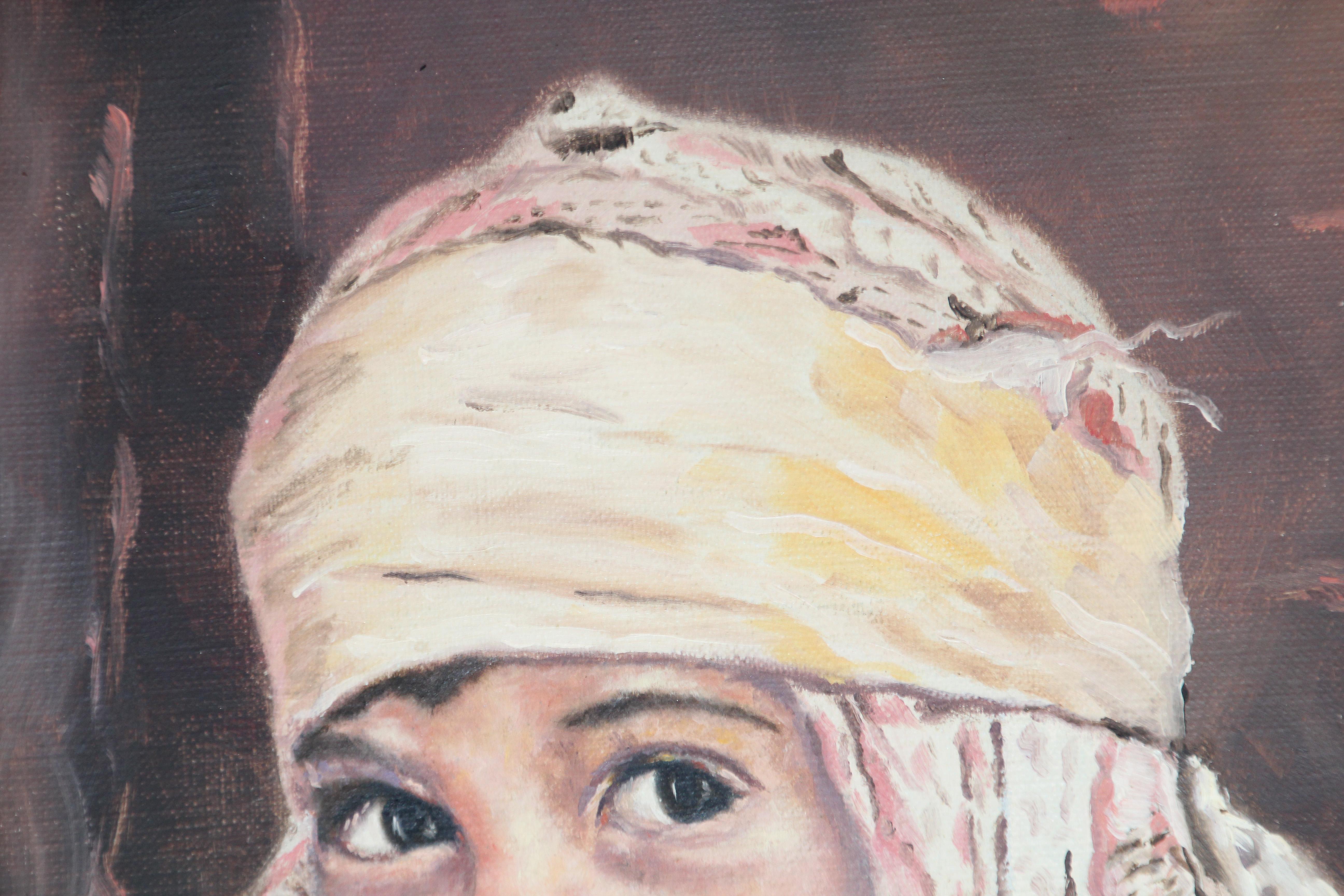Huile sur toile orientaliste vintage d'un portrait d'une jeune fille en vente 7