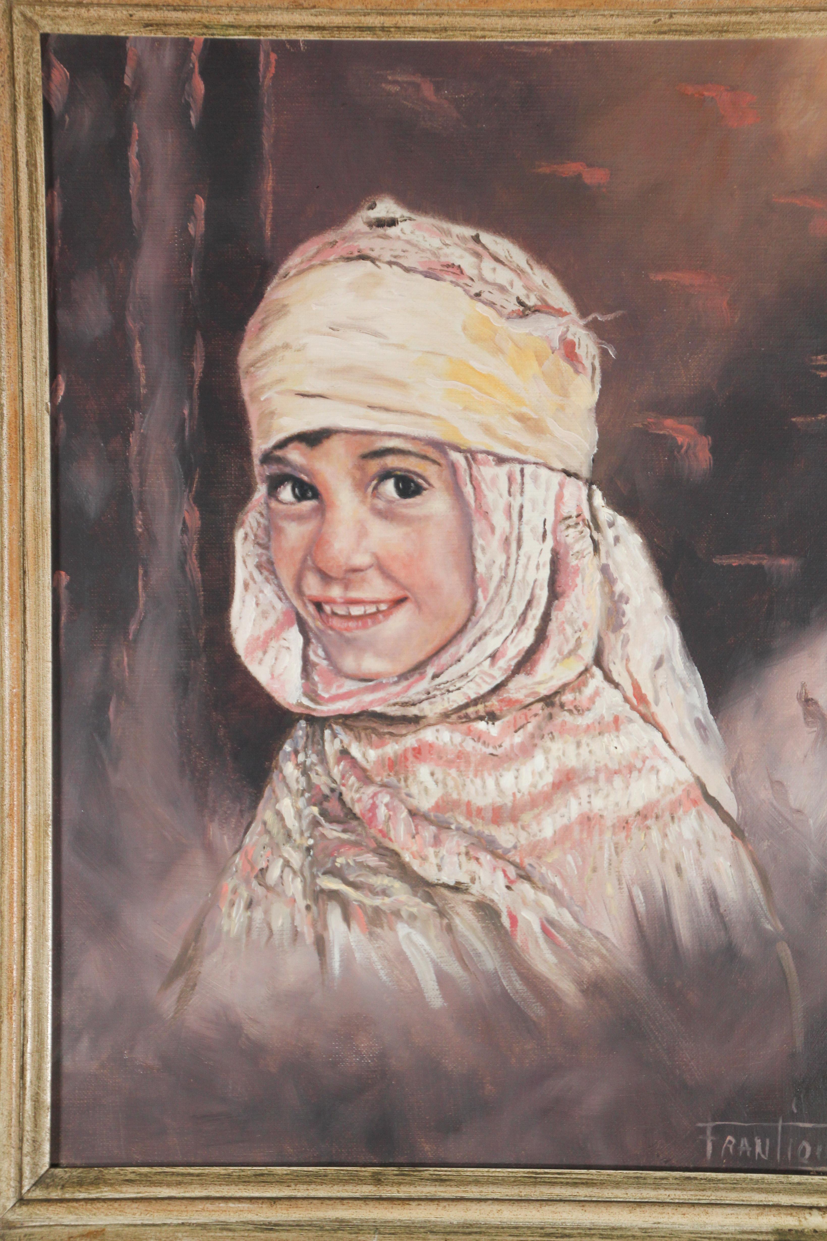 Huile sur toile orientaliste vintage d'un portrait d'une jeune fille en vente 1