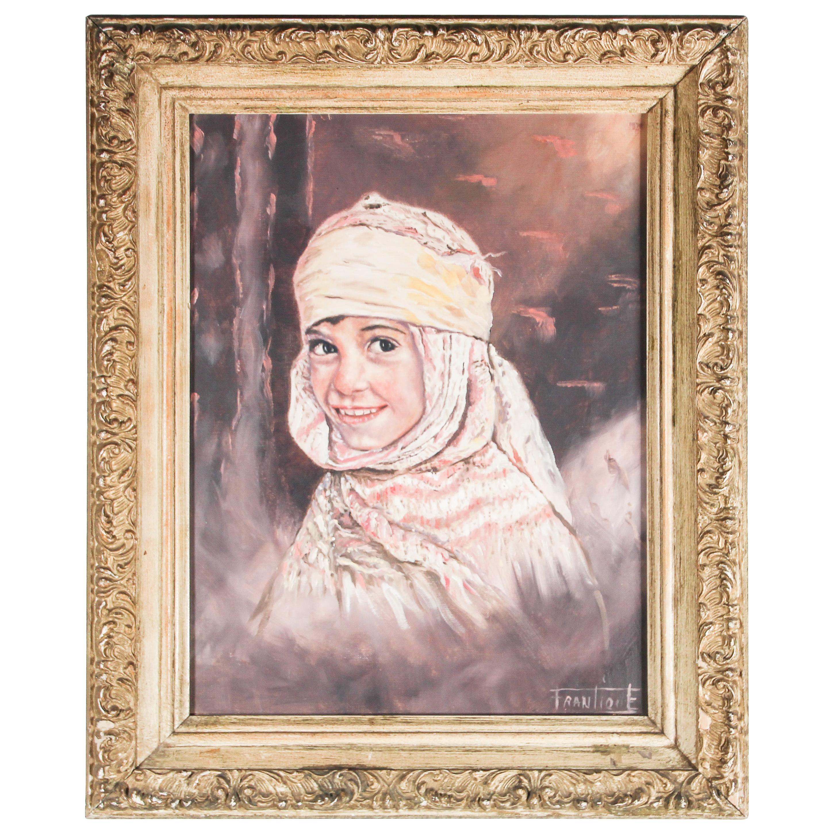 Huile sur toile orientaliste vintage d'un portrait d'une jeune fille en vente