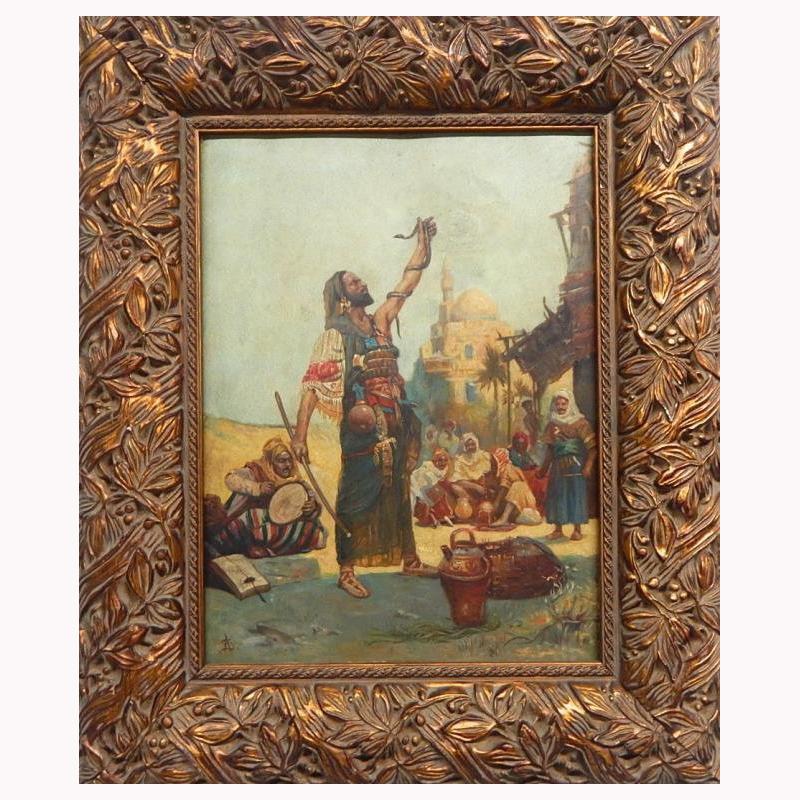 Oiled Orientalist Oil on Panel Painting of Snake Dancer, Signed