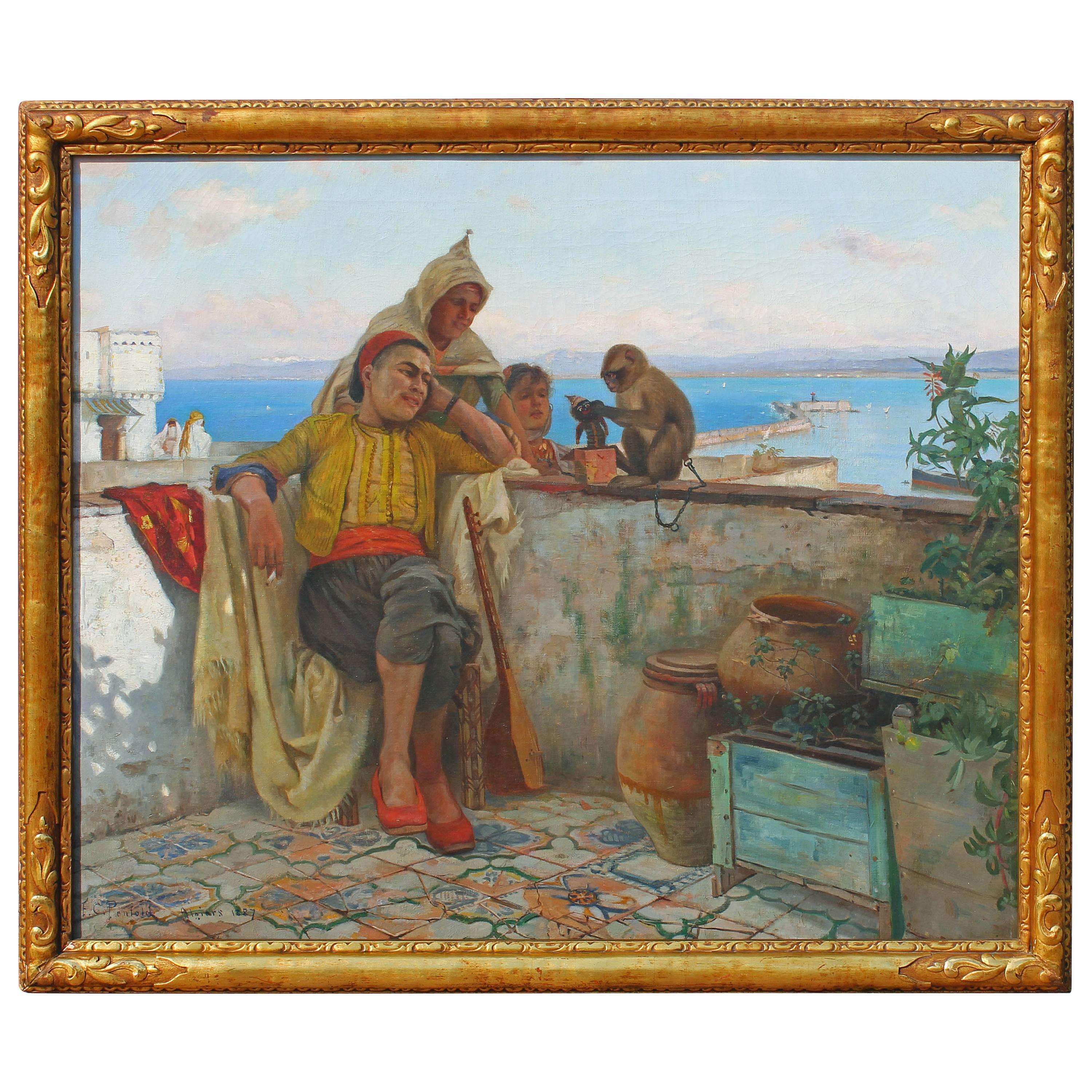 Large fine antique orientalist oil painting depicting a family and their inquisitive monkey. By American artist Frank C. Penfold. Oil on canvas. 