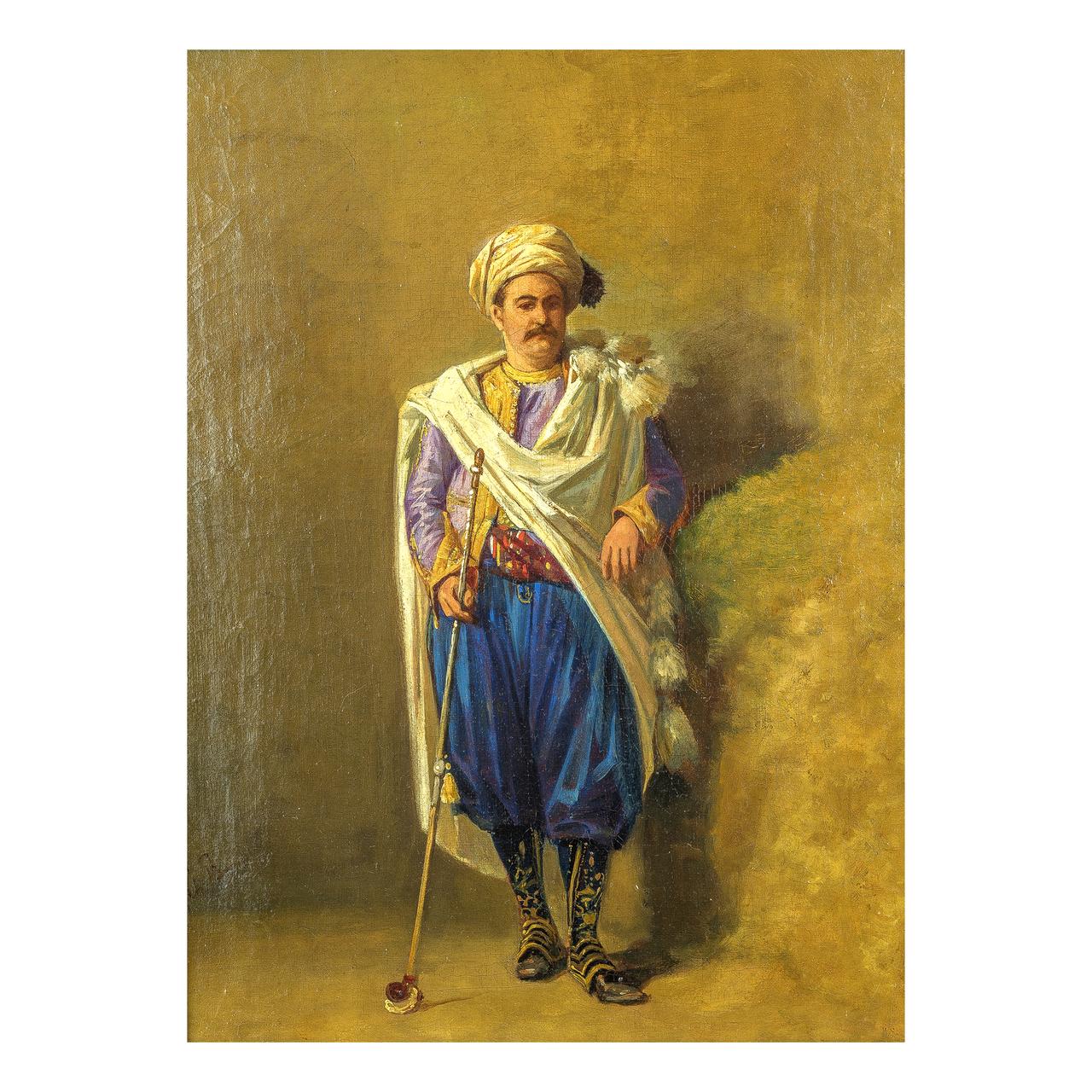 Ottoman holding a Tophane pipe

Louis Charles Bombled
French, 1862-1927

Signed ‘Ch. Bombled’ 

Oil on canvas
14 x 10 1/2 inches 
Framed: 16 x 12 1/2 inches.