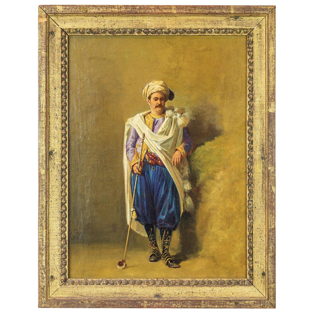 Orientalist Oil Painting of an Ottoman Holding a Tophane Pipe by Charles Bombled