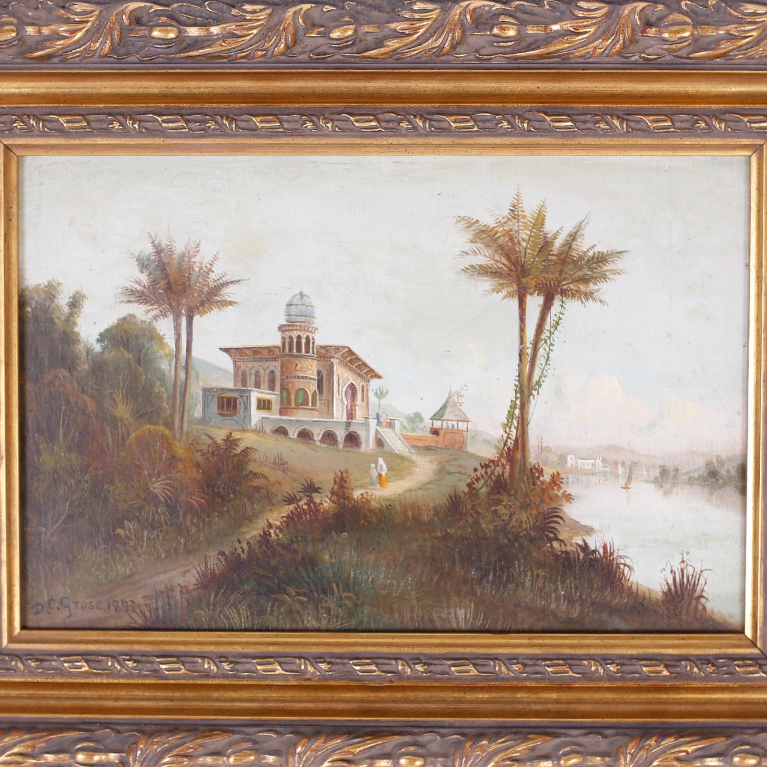 Antique oil painting on canvas of a palace on a river with Palm Trees, people, and a boat. Painted in a Classic, disciplined style and signed by the noted artist D. C. Grose, 1893. Presented in a newer carved wood and gilt frame.
     