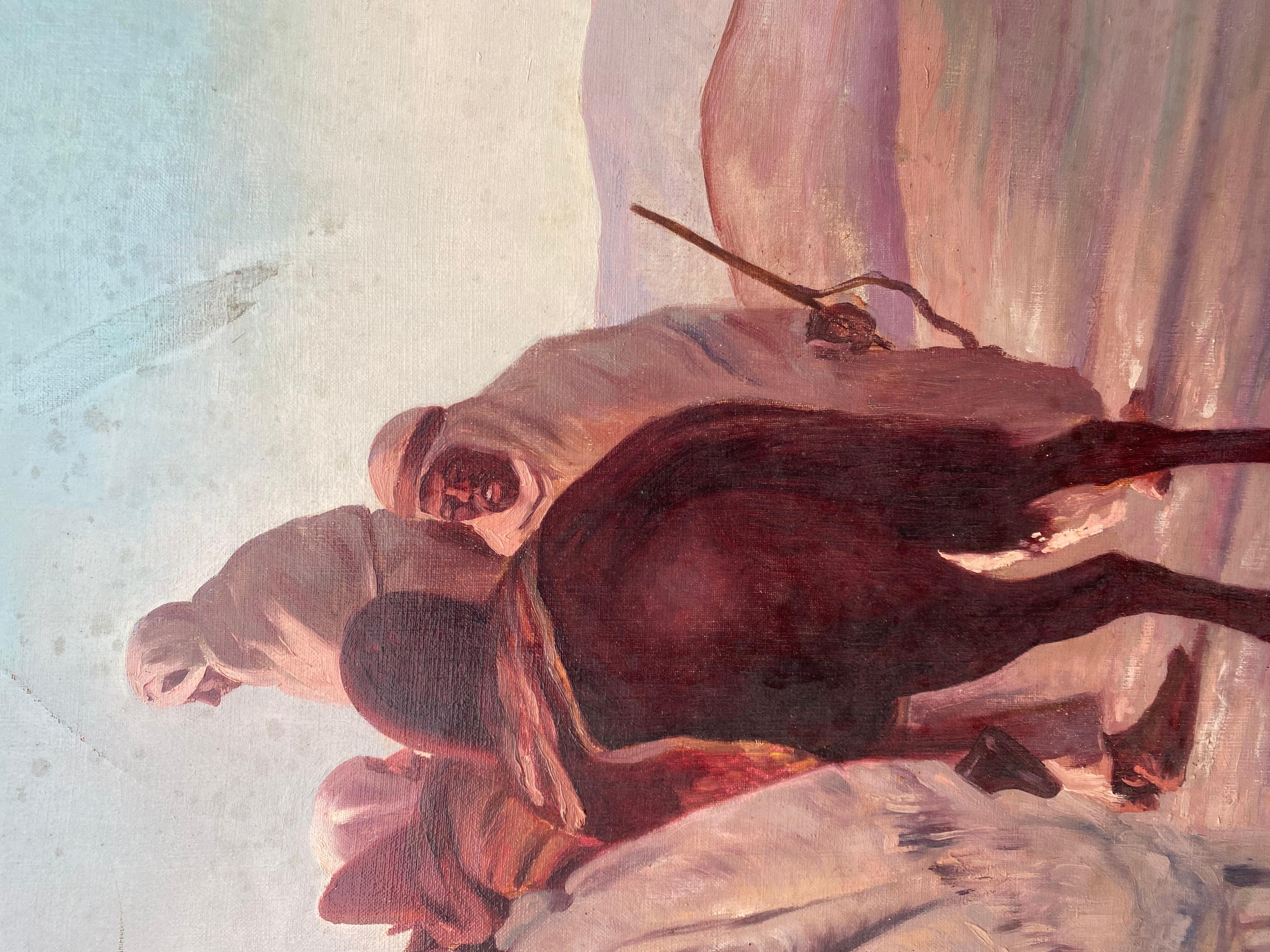 grande olio su tela del pittore orientalista Abou Chanab, firmato e datato 1913 in basso a destra, raffigurante beduini nel deserto; la cornice è un po' danneggiata sul lato destro in basso