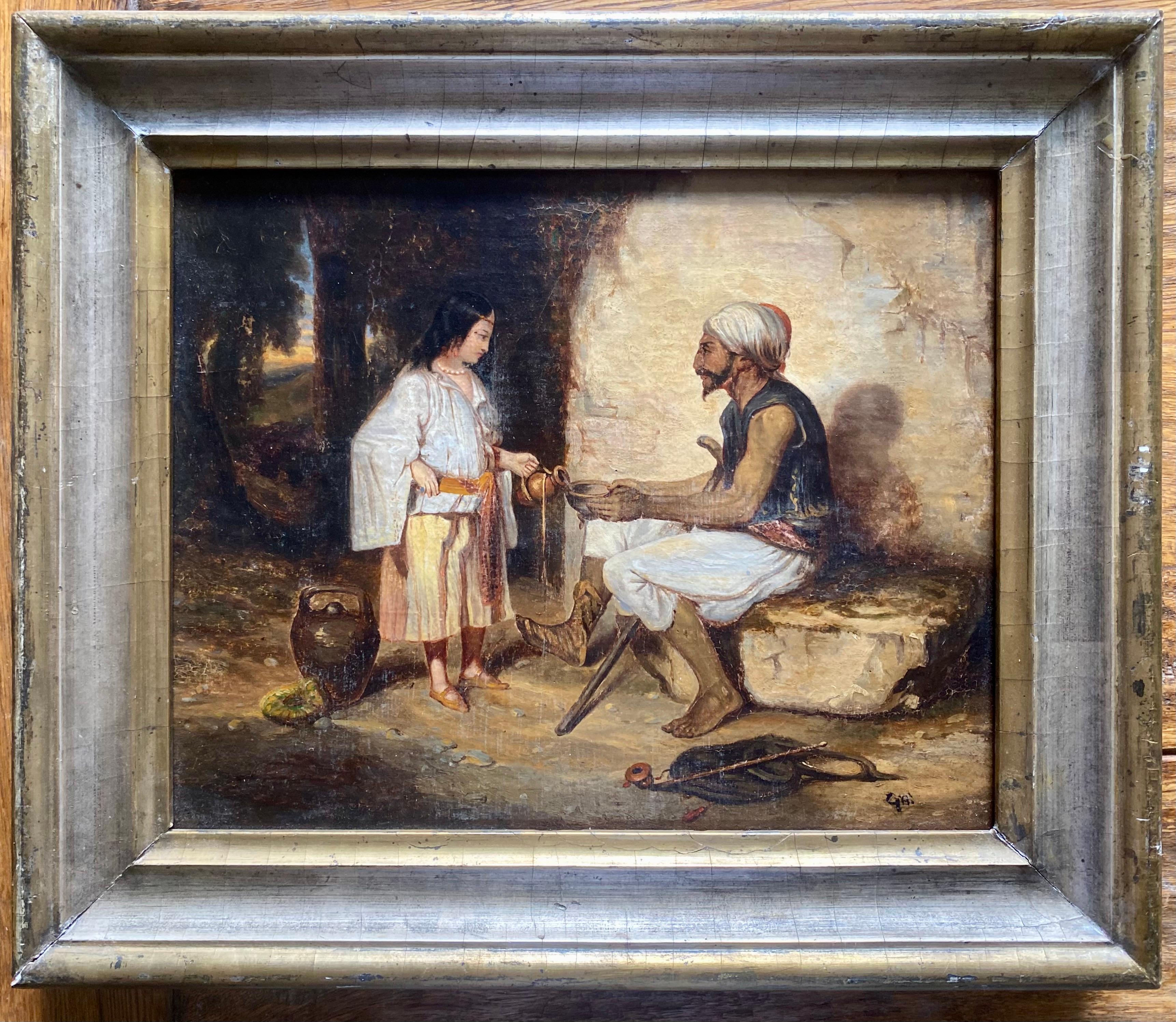 Ein wunderschönes orientalistisches Gemälde, das eine Genreszene aus der Levante darstellt: Ein sitzender Mann mit Turban und traditioneller Weste bietet einem jungen Mädchen eine Schale an, das ihm ein Getränk serviert. Die Szene spielt sich im