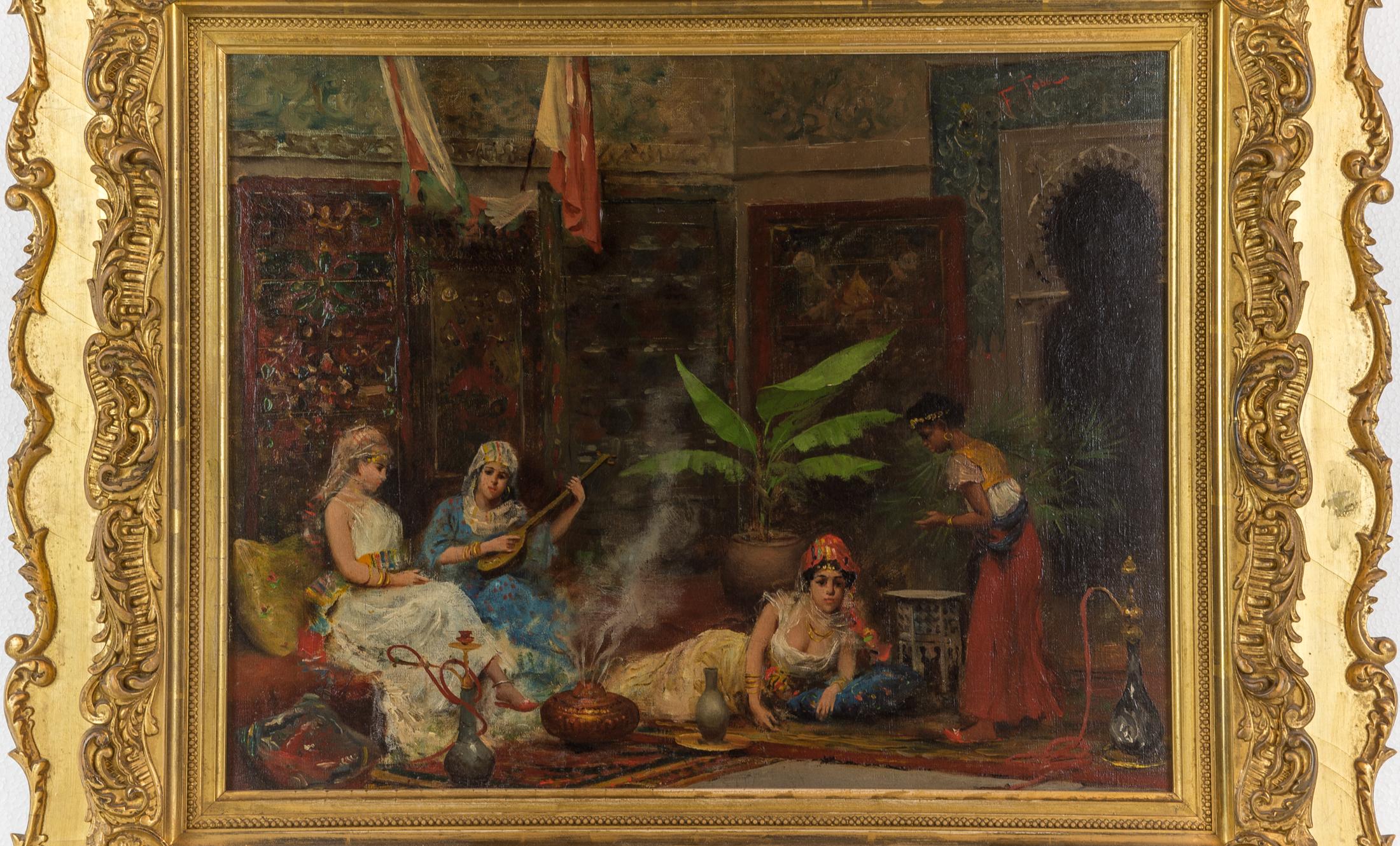 An exquisite orientalist painting depicting concubines in the harem by Fabio Fabbi

Artist: Fabio Fabbi (1861-1910)
Origin: Italian
Signature: signed F. Fabbi (upper right)
Medium: oil on canvas
Dimension: 14 in. x 18 in. (image); 21 3/4 x 25
