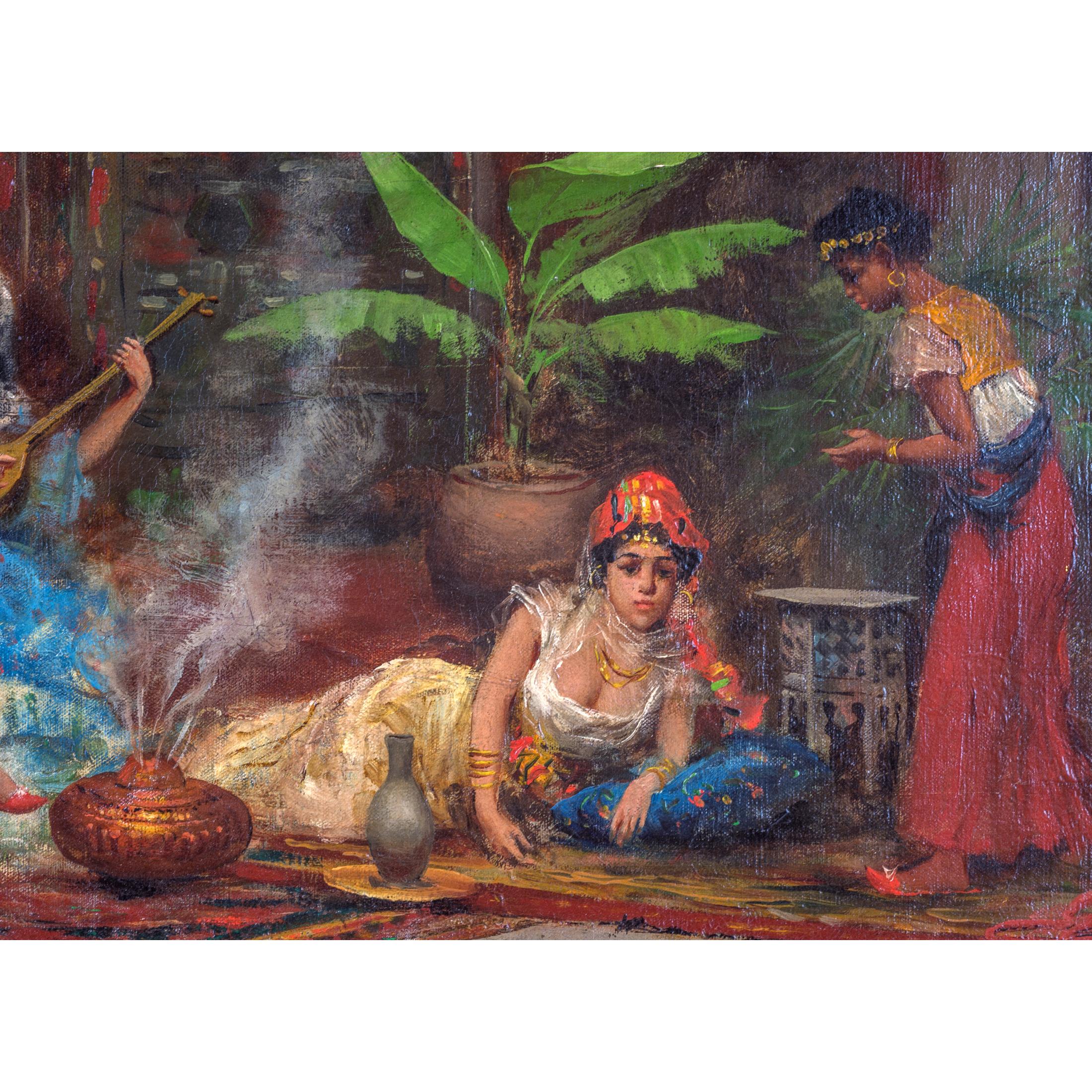 italien Peinture orientaliste représentant des concubines dans le troupeau de Fabio Fabbi en vente