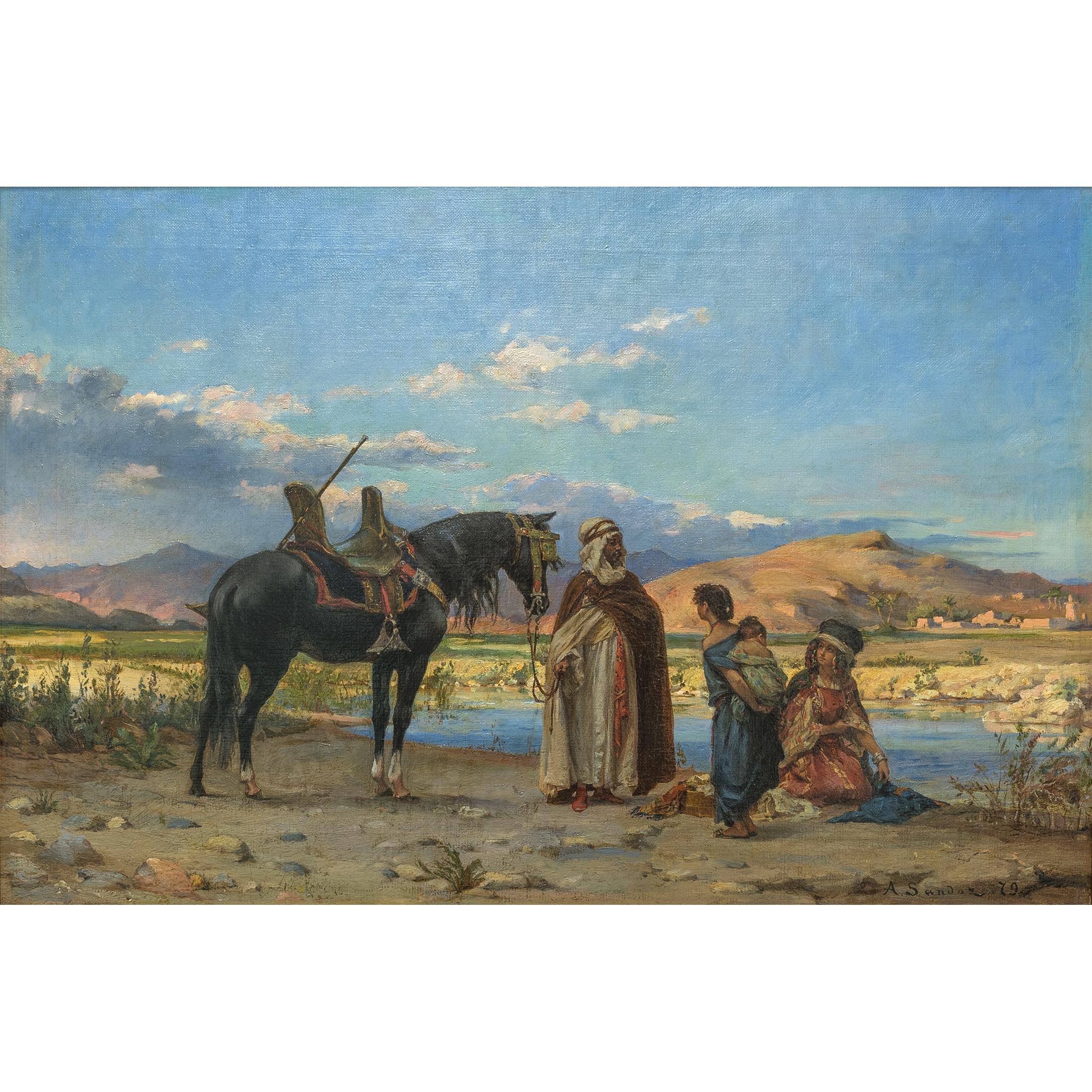 An exquisite orientalist painting entitled ‘At the Oasis’ by Adolf Karol Sandoz.

Title: At the Oasis
Artist: Adolf Karol Sandoz (b. 1845)
Origin: Polish
Date: circa 1879
Signature: signed and dated 'A. Sandoz .79' (LR)
Medium: oil on