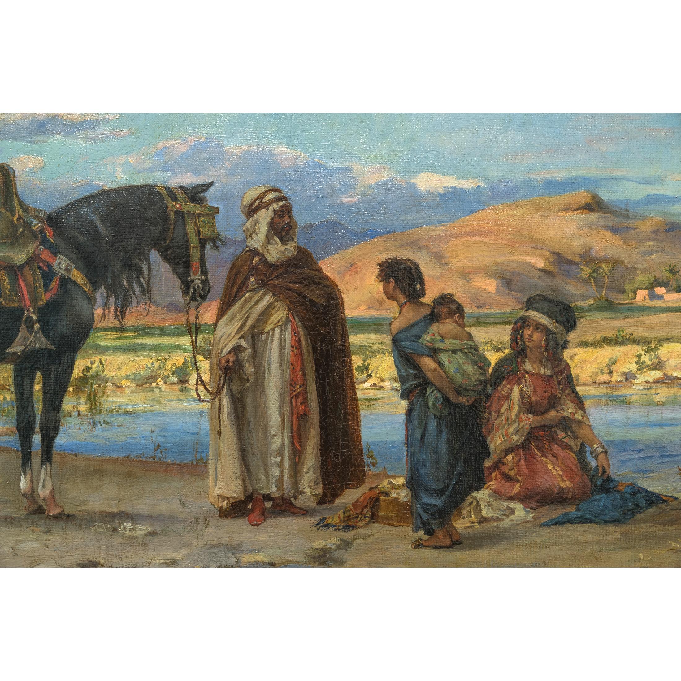 Polish Original Orientalist Painting Entitled ‘At the Oasis’ by Adolf Karol Sandoz