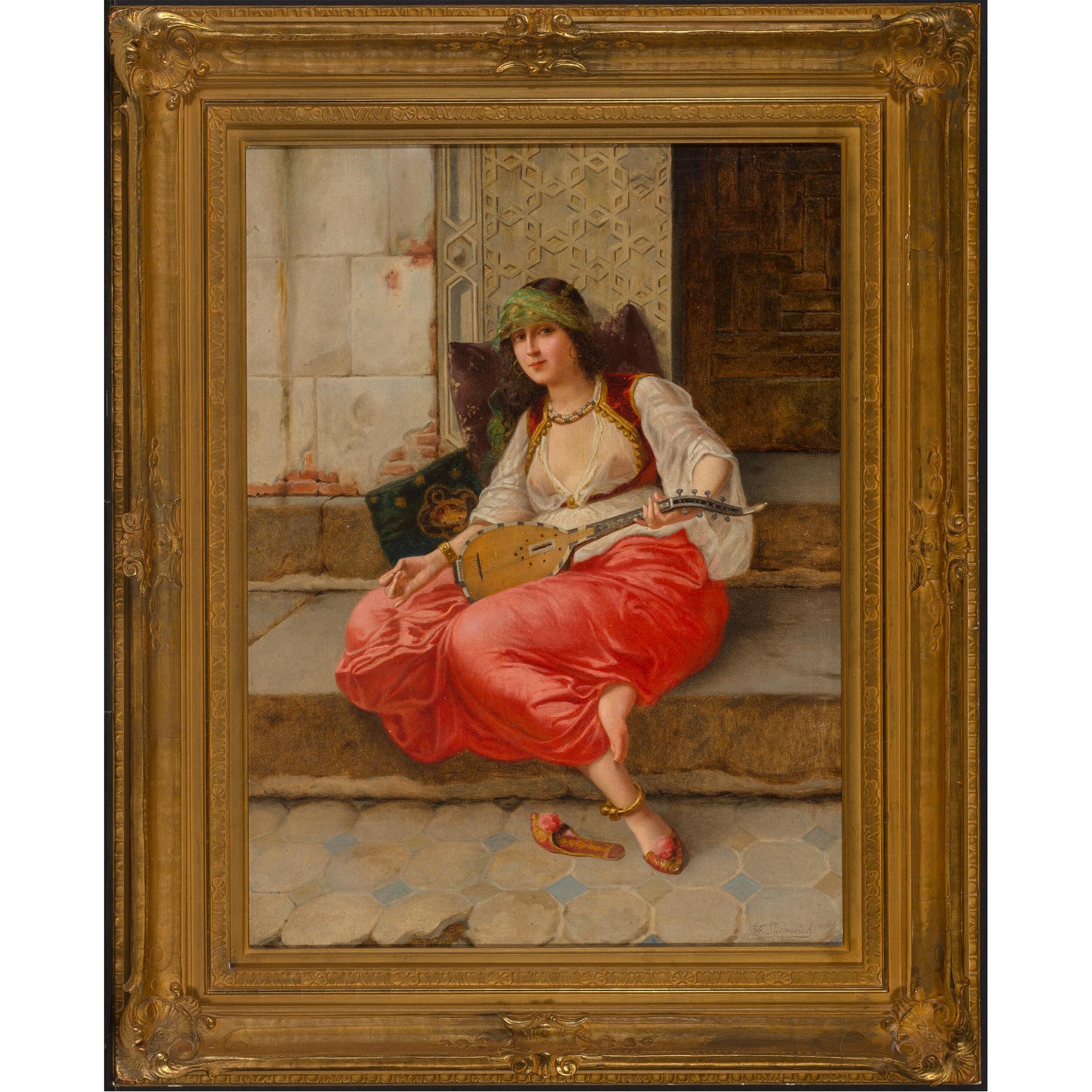 Fine painting of a harem girl with a lute sitting on pavement.

Title: A harem girl with a lute
Artist: Vincent G. Stiepevich (Russian/American, 1841-1910)
Date: 19th century
Medium: Oil on canvas laid on masonite
Dimension: 24 in. x 18 in.