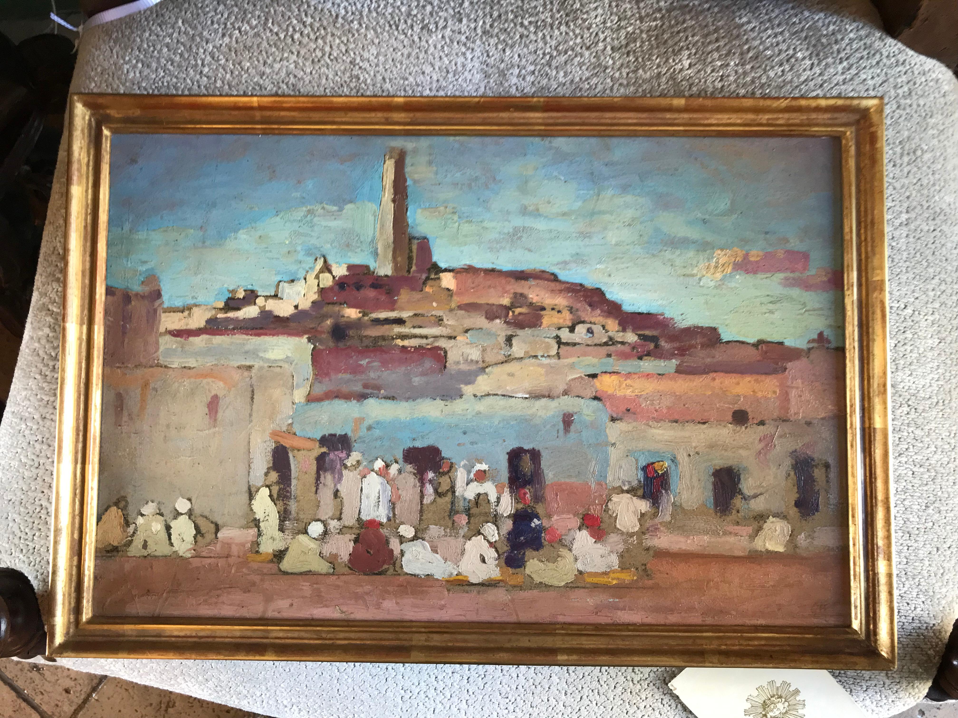 Hand-Crafted Orientalist Painting Wall Art Arab Market Scene Dutch G. Huijsser Antique Frame For Sale