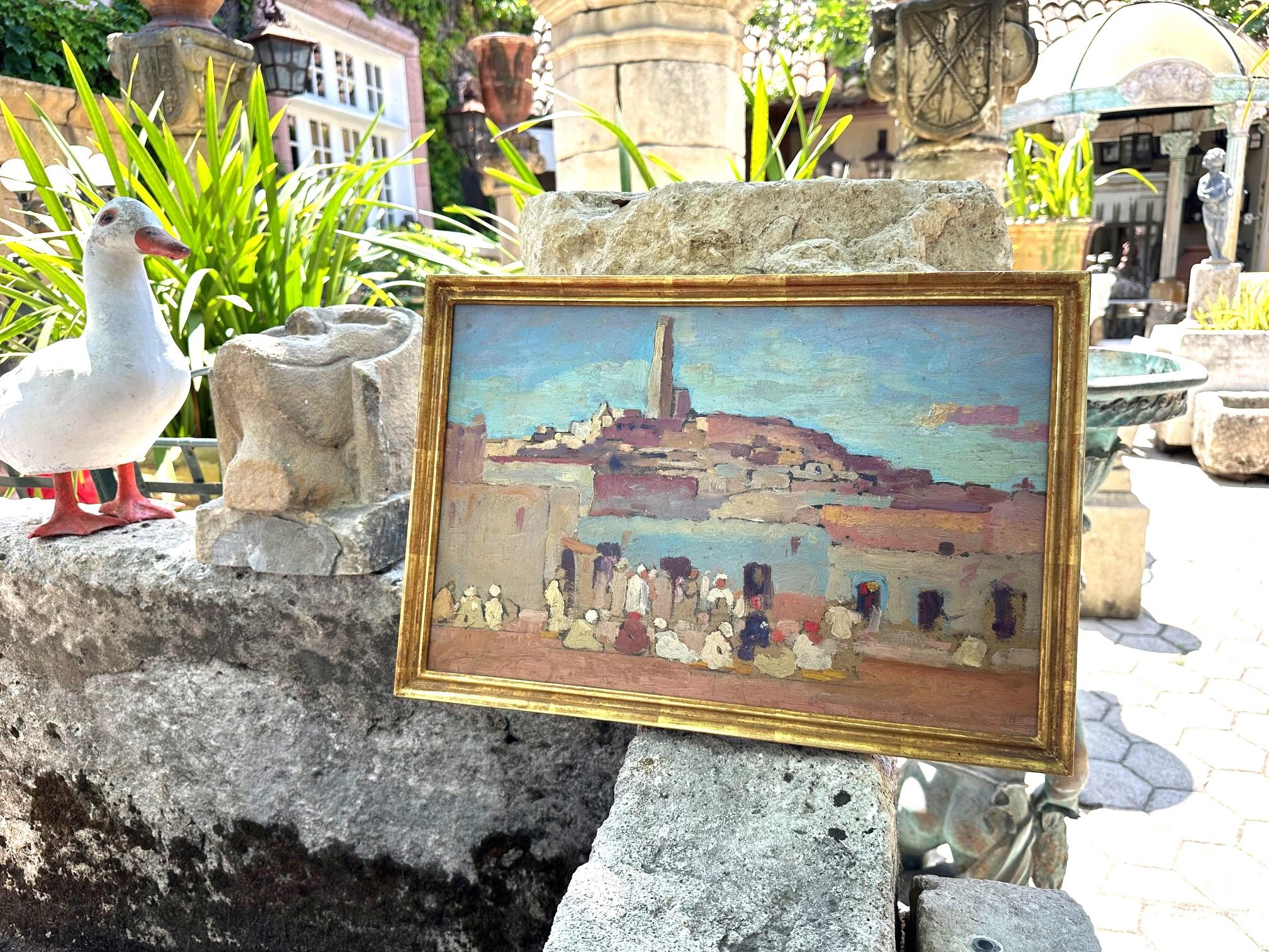Pittura orientale da parete Scena di mercato arabo olandese G. Huijsser Cornice antica. Bellissimo olio su cartone di Gerard Huijsser, pittore olandese, che raffigura una riunione di persone in una scena di maket orientalista. Gerard Huijsser