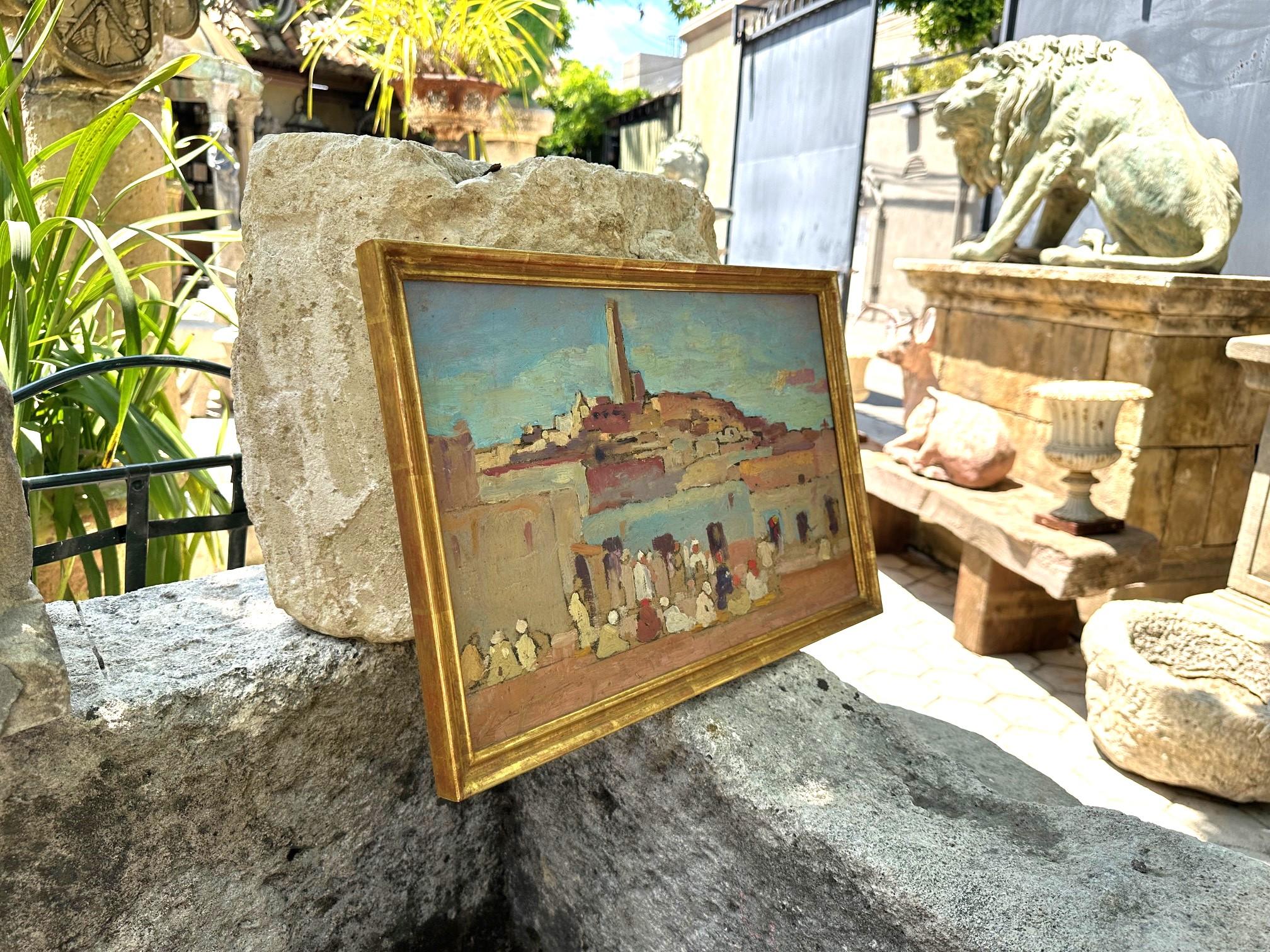 Legno Pittura orientale da parete Scena di mercato arabo olandese G. Huijsser Cornice antica in vendita