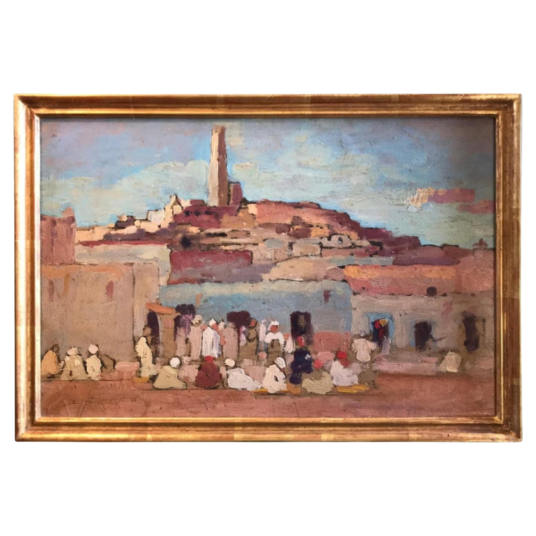 Pintura Orientalista Arte de Pared Escena de Mercado Árabe Holandés G. Huijsser Marco Antiguo