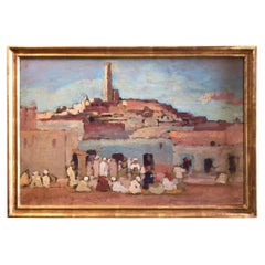 Pintura Orientalista Arte de Pared Escena de Mercado Árabe Holandés G. Huijsser Marco Antiguo