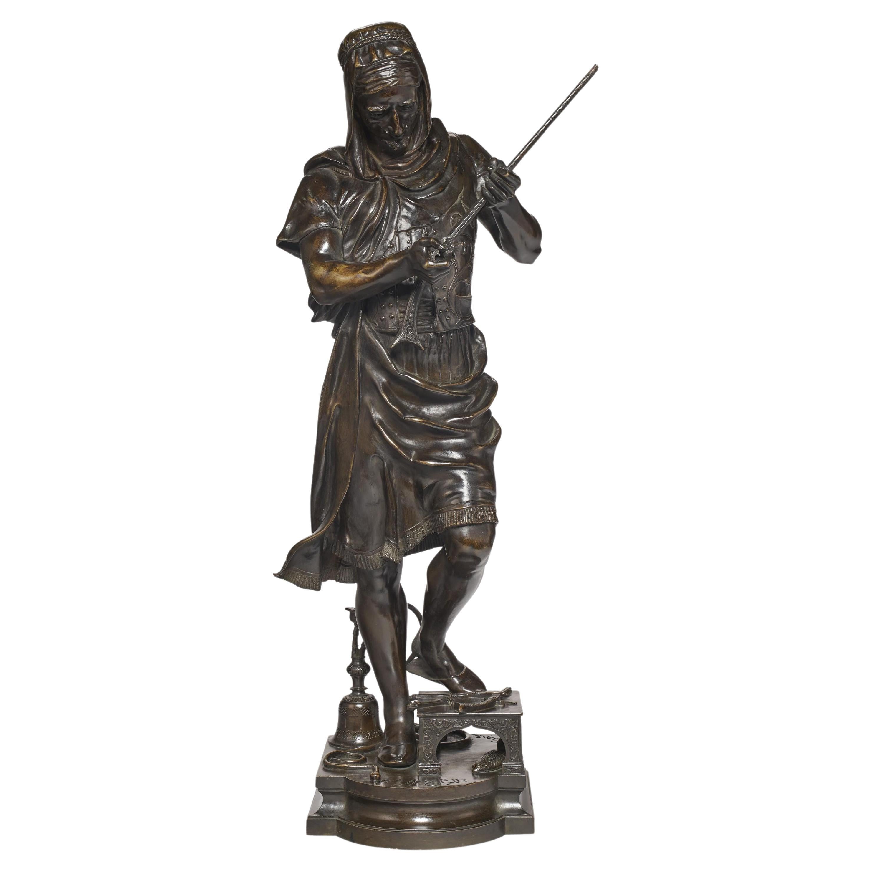 Orientalist Patinated Bronze Figure of a Standing Warrior Holding His Rifle