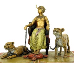Orientalist Polychrome Bronze Pharaoh Sculpture with Lionesses