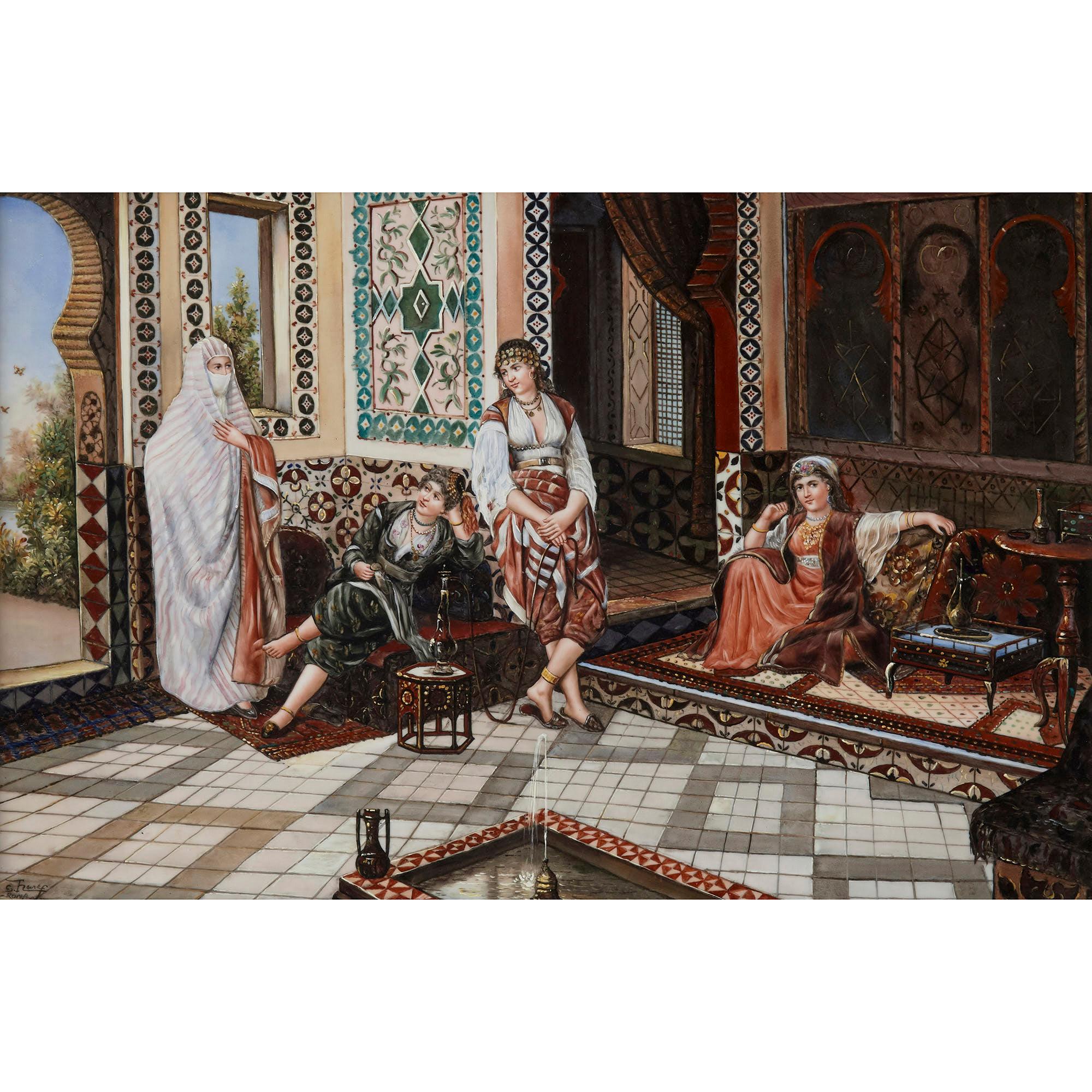 Orientalist porcelain plaque in the manner of KPM
German, 20th century
measures: Frame: Height 54cm, width 74cm, depth 3cm
Plaque: Height 40cm, width 60cm, depth 0.5cm

This fine and exceptionally large porcelain plaque is painted with an