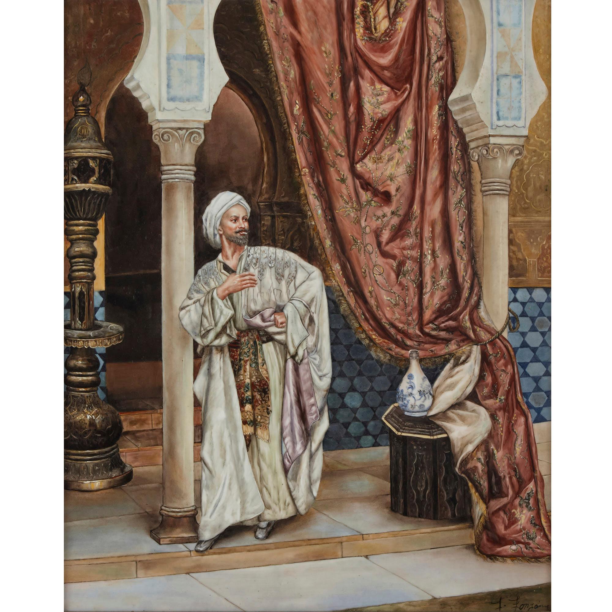 Orientalist porcelain plaque in the style of KPM
German, 20th century
Measures: Frame: Height 64cm, width 53cm, depth 4cm
Plaque: Height 54cm, width 43cm, depth 0.5cm

This fine and exceptionally large porcelain plaque is painted with a scene