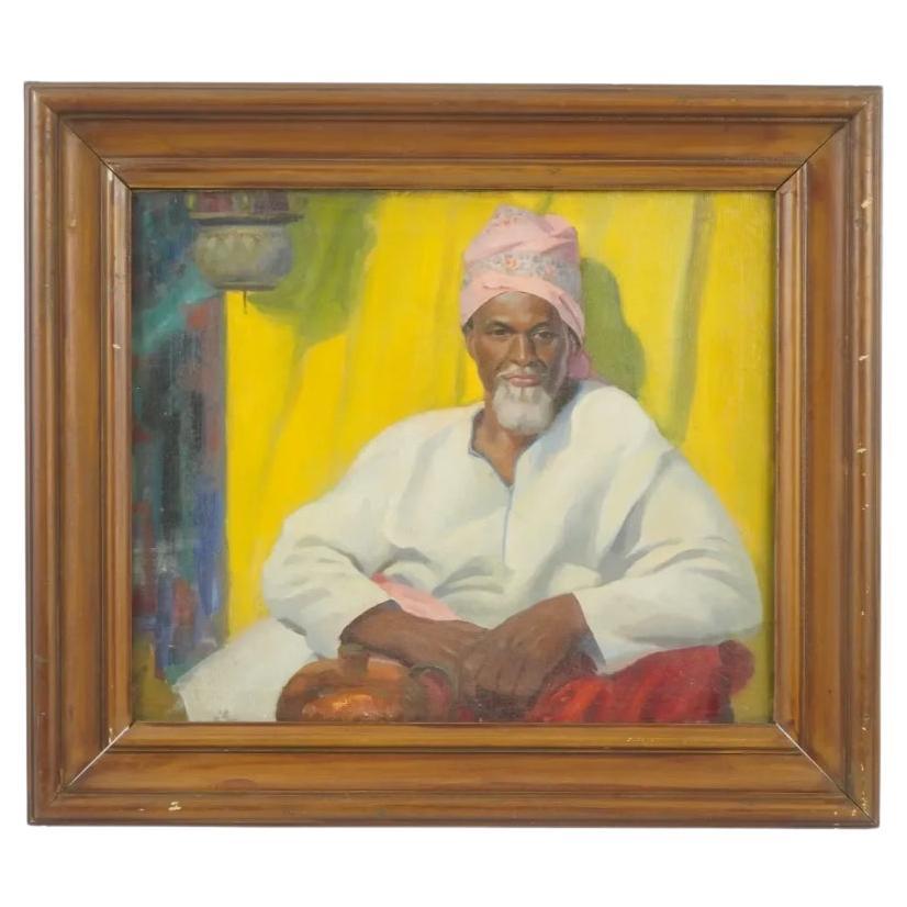 Orientalist Portrait Painting of Man with Pink Turban