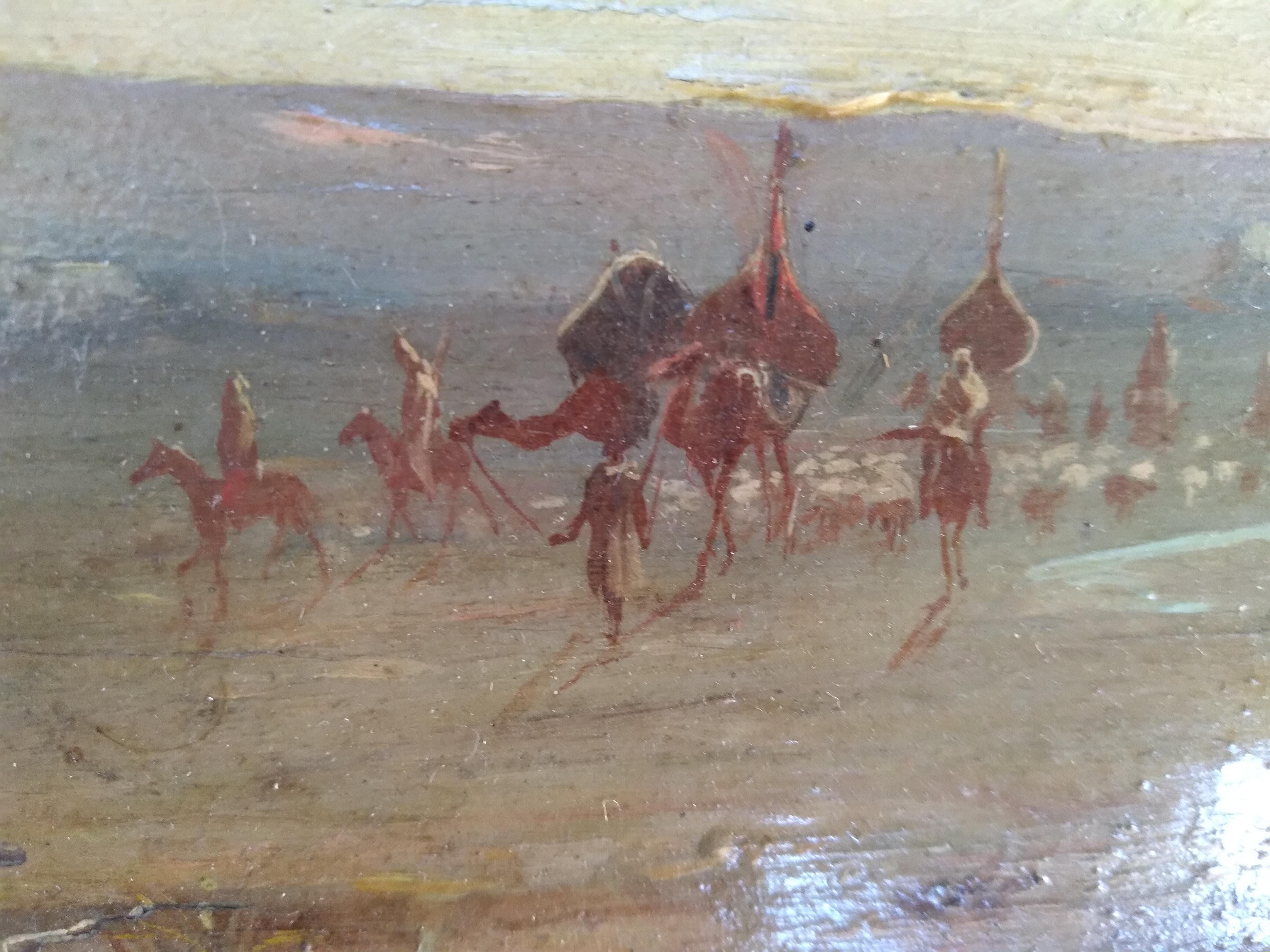 French Orientalist Scool Painting 1928 Arab Landscape with Caravan