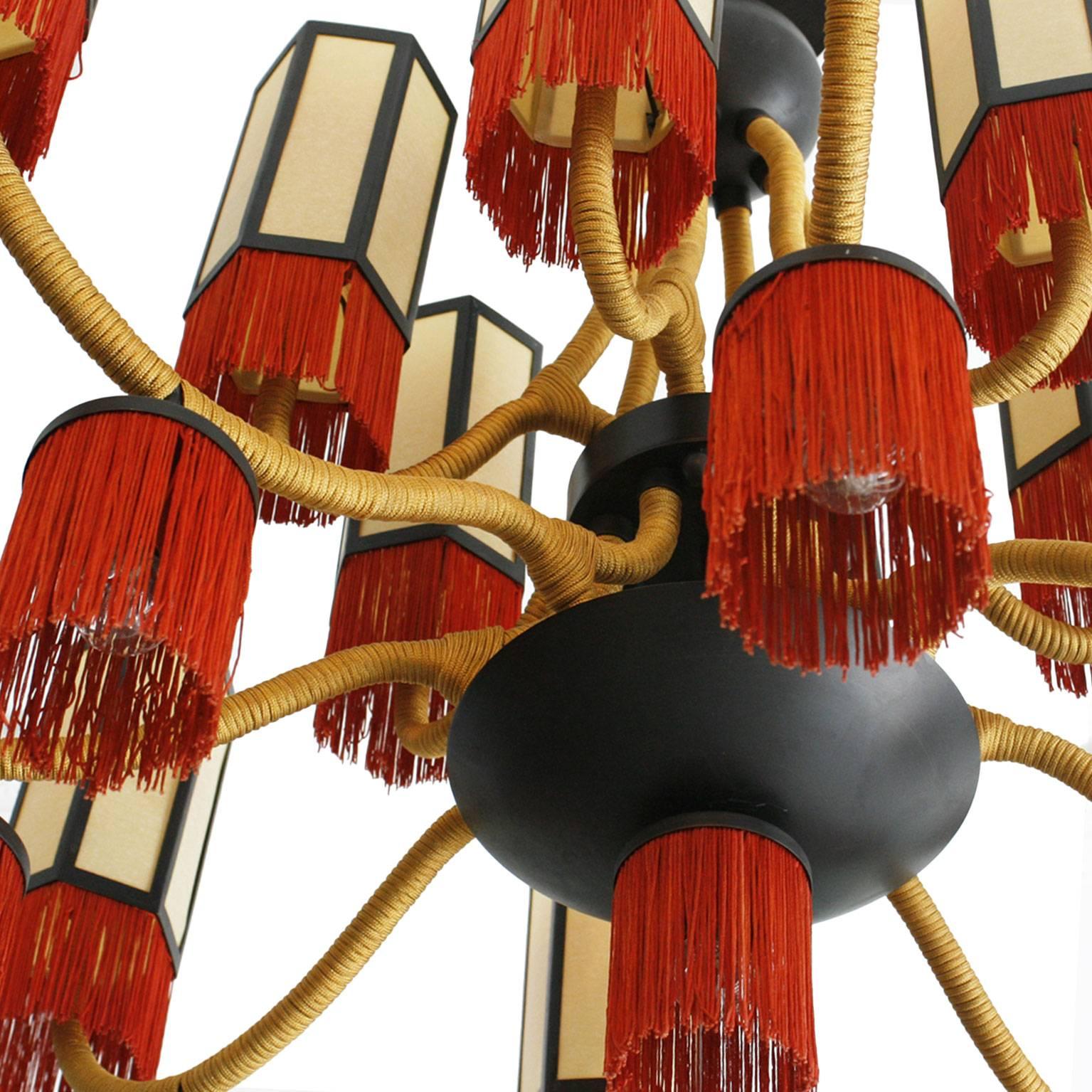 Late 20th Century Orientalist Style with Cotton Fringes French Suspension Lamp