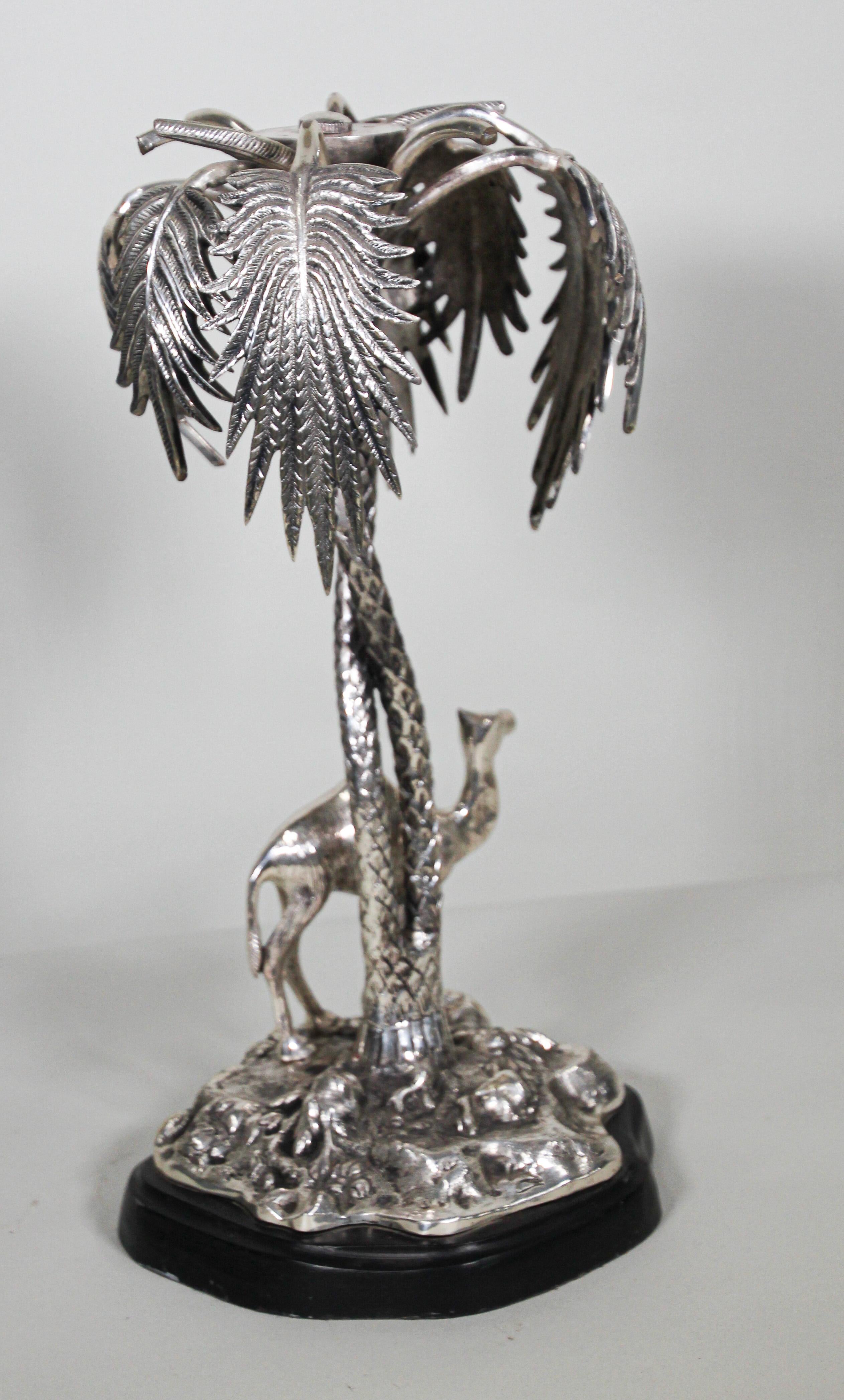 Orientalist Cast Silver Metal Camel Standing Under Palm Trees For Sale 2